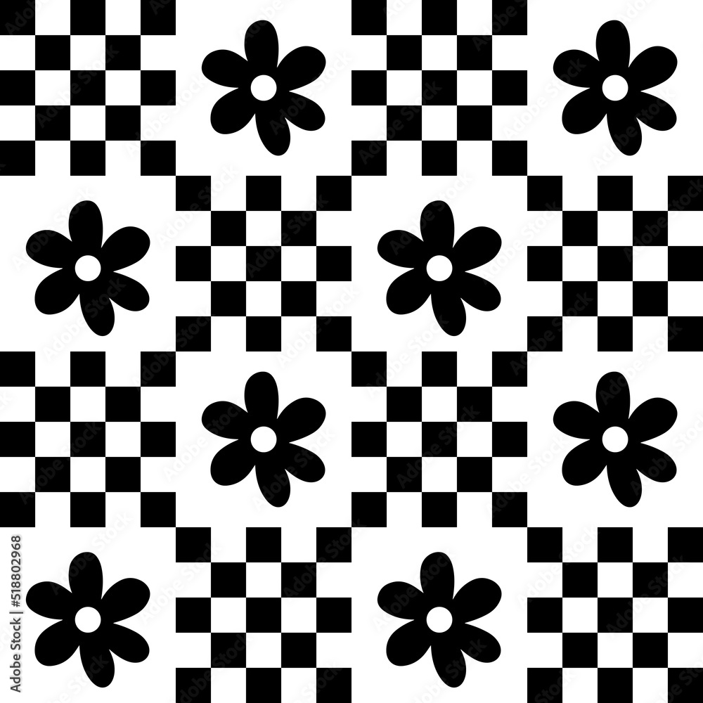 Cute y2k patchwork floral seamless pattern background, black and white monochrome checkerboard and daisy backdrop. Modern, trendy vector design, aesthetic print for textile, wallpaper Stock Vector