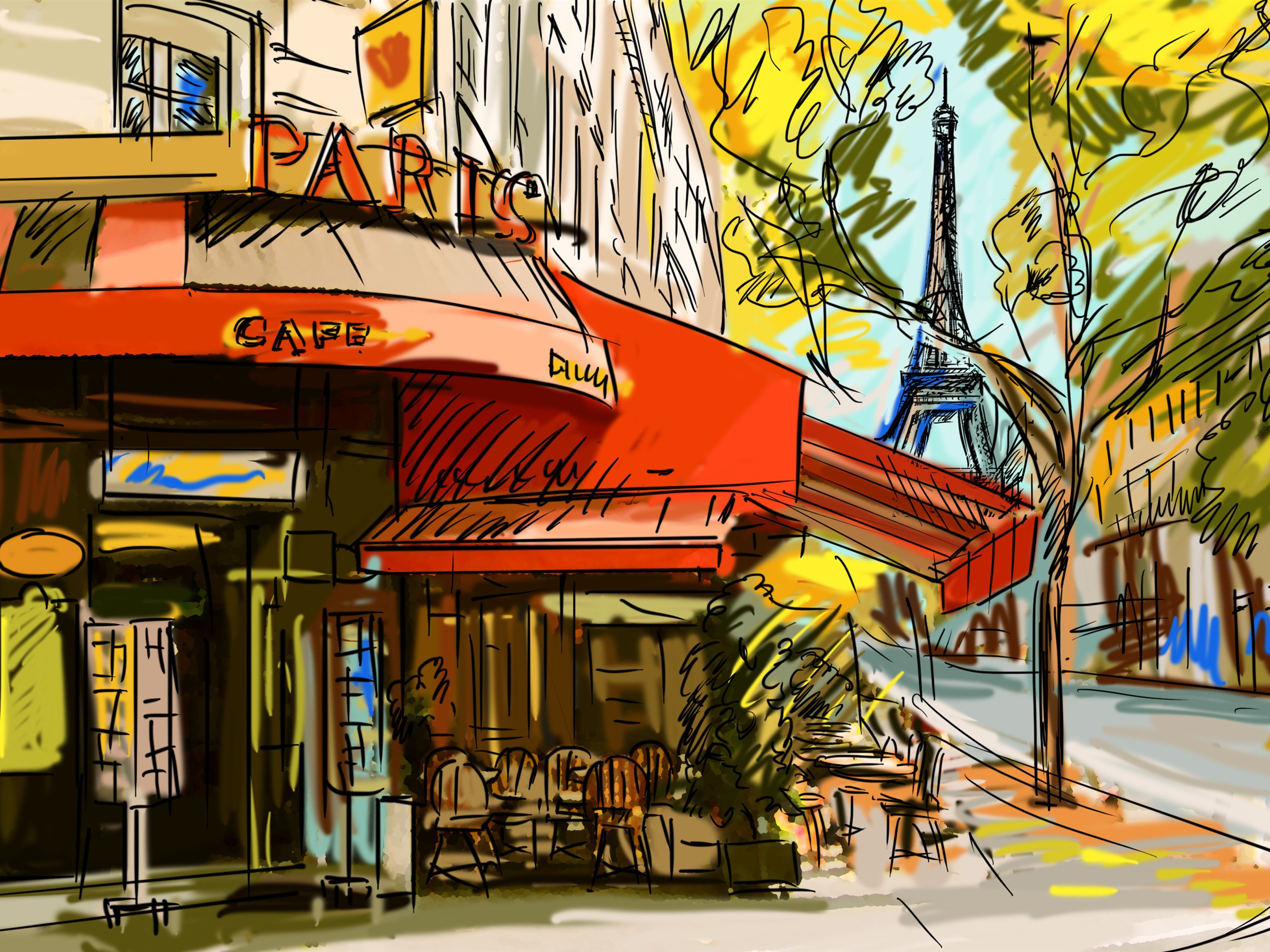 Wallpaper Paris, cafe, drawing, art 3840x2160 UHD 4K Picture, Image