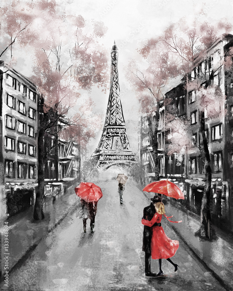 Oil Painting, Paris. european city landscape. France, Wallpaper, eiffel tower. Modern art. Couple under an umbrella on street Stock Illustration