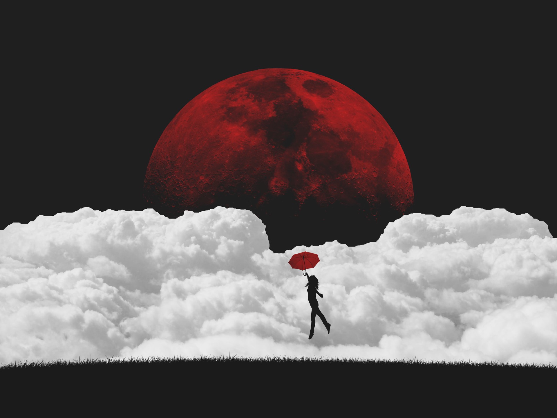 Wallpaper / digital, digital art, artwork, fantasy art, night, sky, skyscape, clouds, black, white, red, dark, umbrella, red umbrella, Moon, Blood moon, flying, concept art, surreal, women, silhouette free download
