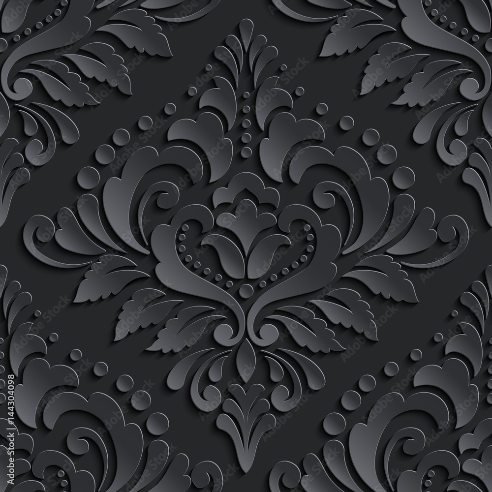 Vector dark damask seamless pattern element. Elegant luxury texture for wallpaper, background and page fill. 3D elements with shadows and highlights. Paper cut. Stock Vector