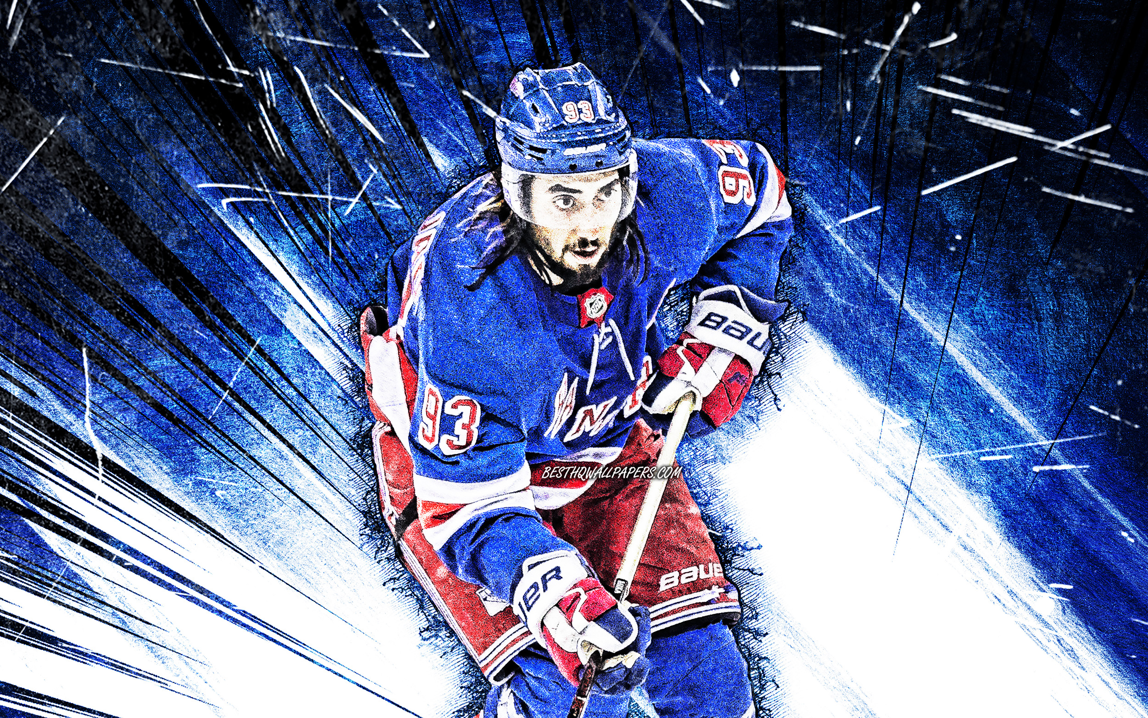 Download wallpaper 4k, Mika Zibanejad, grunge art, NHL, New York Rangers, hockey stars, hockey, blue abstract rays, NY Rangers, hockey players, Mika Zibanejad New York Rangers, Mika Zibanejad 4K for desktop with