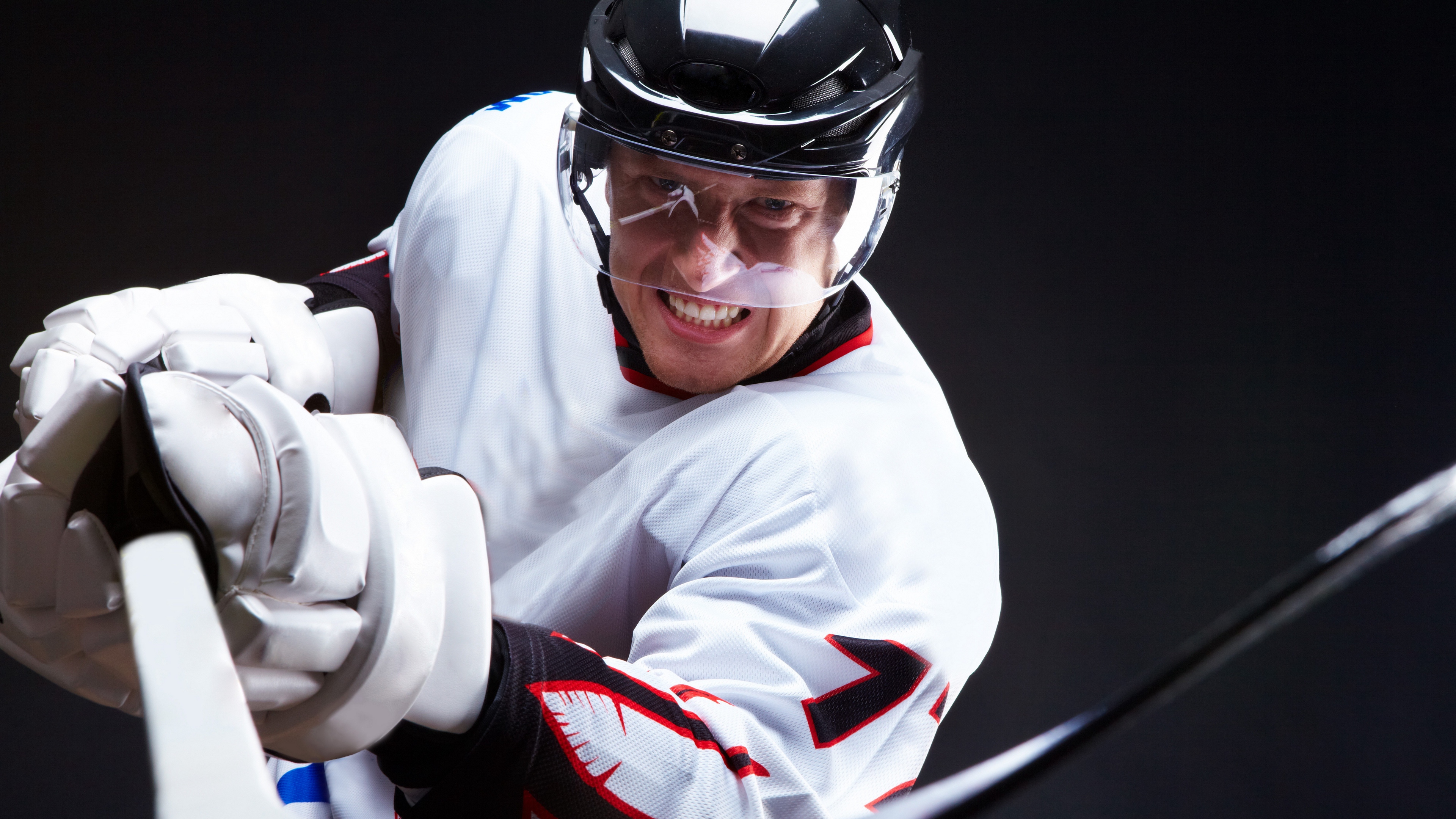 Wallpaper 4k grin, hockey, hockey stick, black background 4k Wallpaper