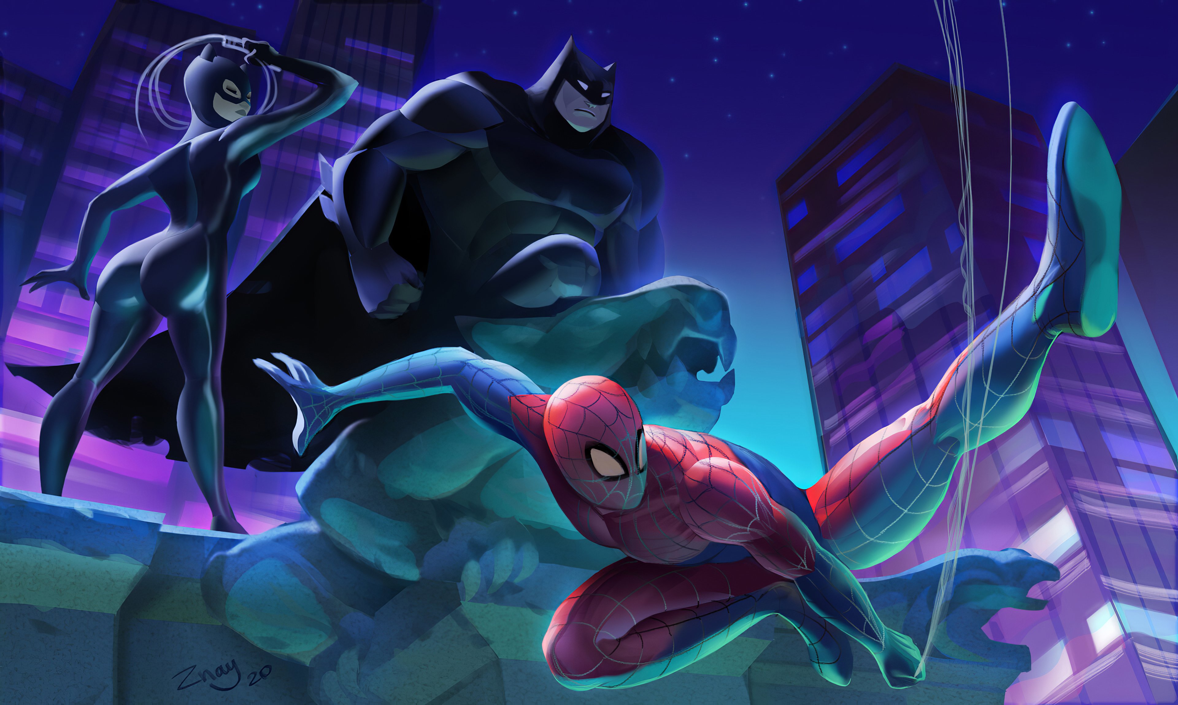 Batman Spiderman and Catwoman Fanart Wallpaper 4k Ultra HD
