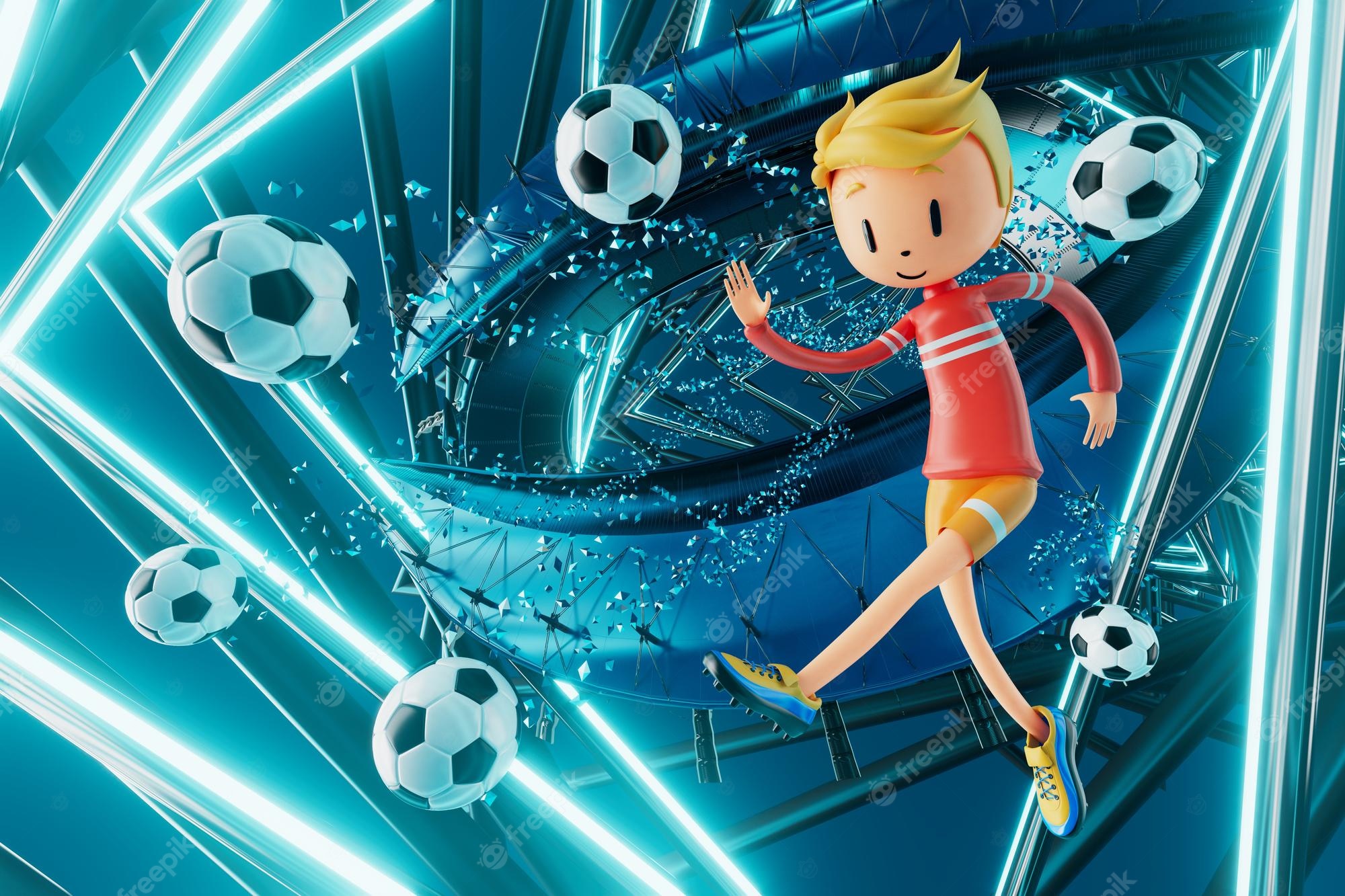 Premium Photod boy character football player in soccer action 3D illustration sports background concept men kick motion sports action person graphic wallpaper cartoon game soccer creative poster layout