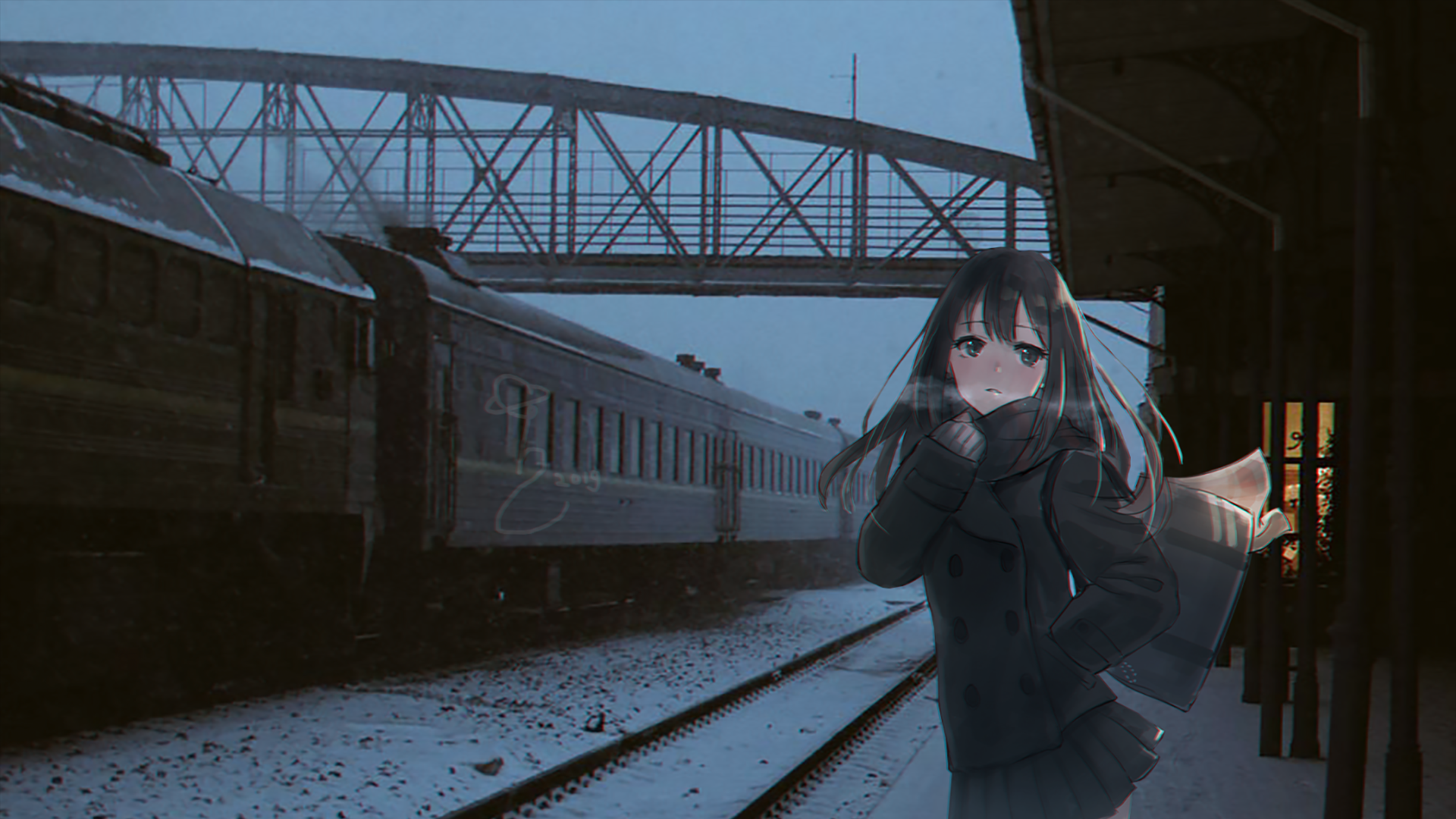 Wallpaper, anime girls, waiting, train station, cold, winter 1920x1080