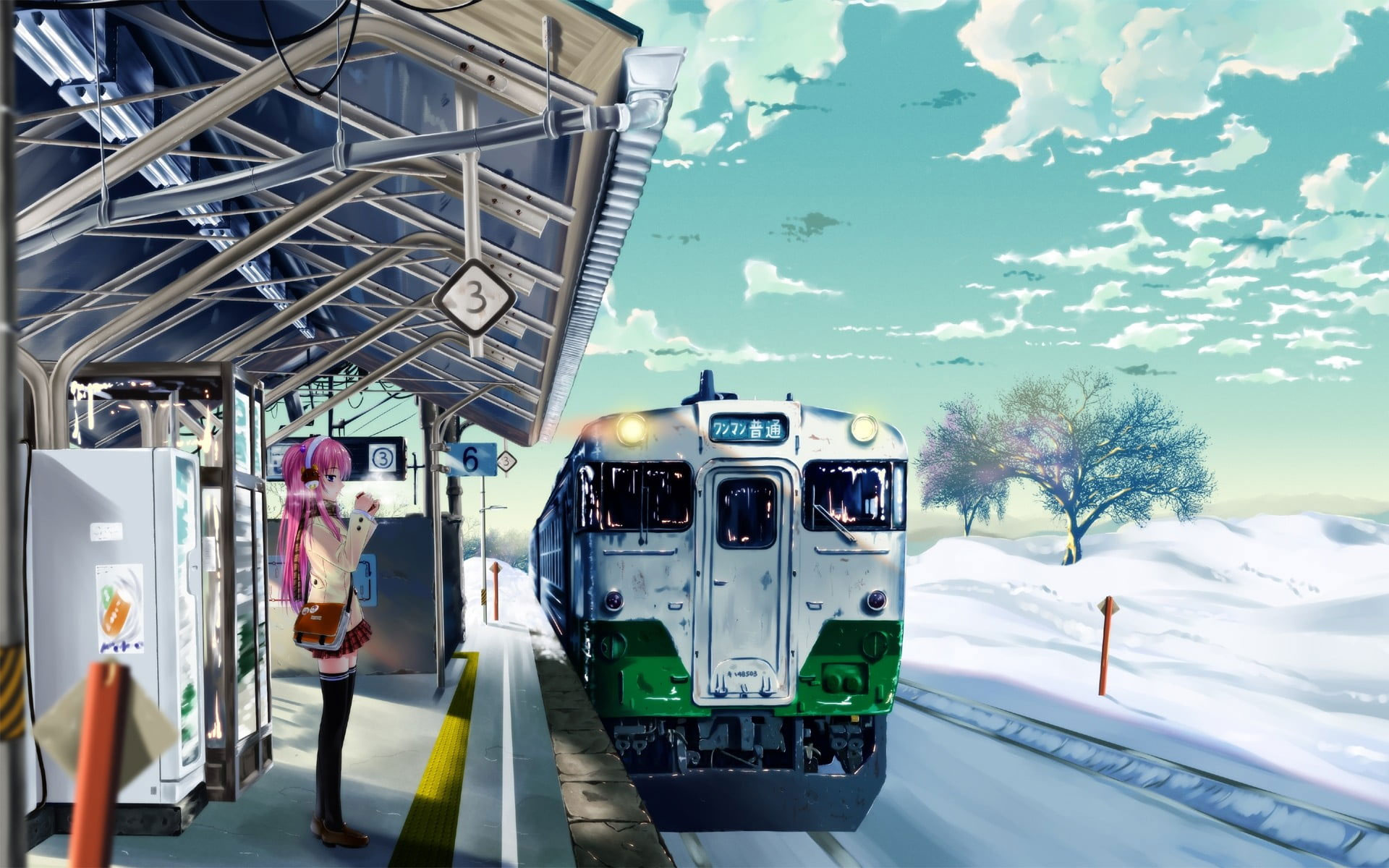 Pink Haired Female Anime Character Wallpaper, Train, Winter, Train Station