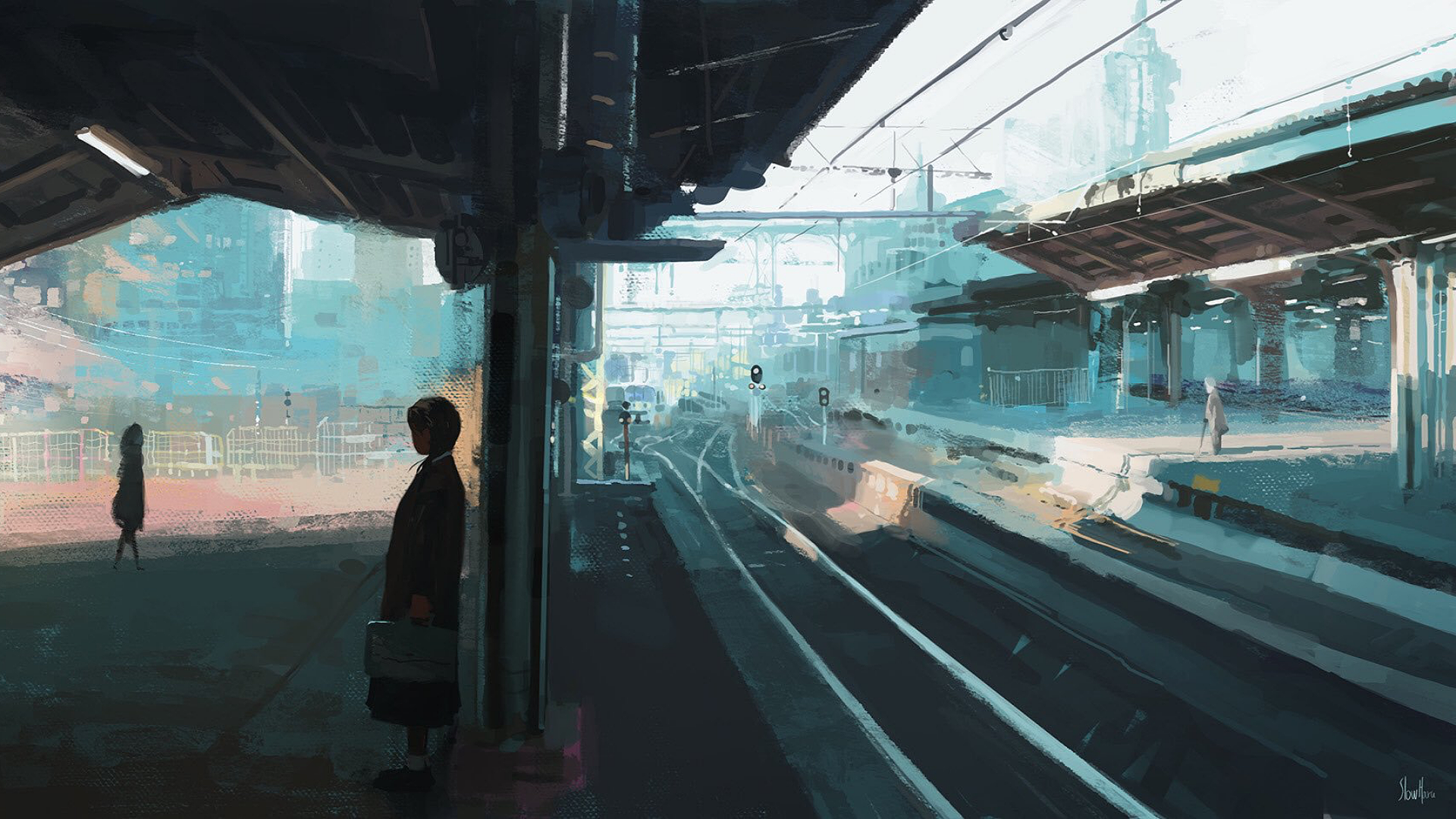 Anime Girls Original Characters Train Station Morning Wallpaper:1920x1080