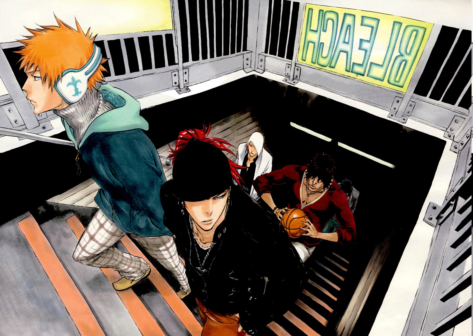 Wallpaper, anime, black hair, basketball, stairs, Bleach, Kurosaki Ichigo, climbing, Abarai Renji, Yasutora Sado, fictional character, mangaka, fiction, 1621x1150 px 1621x1150