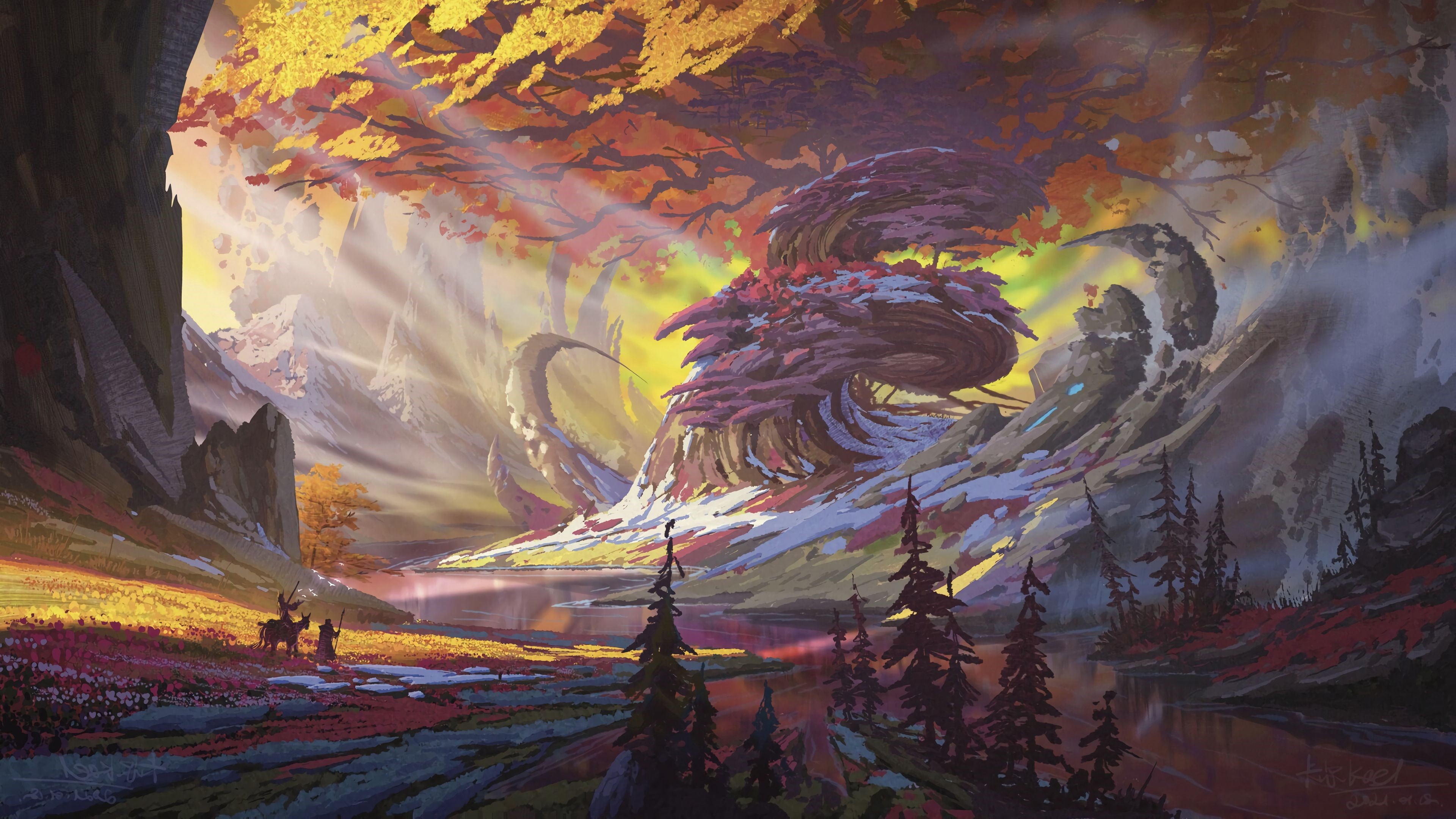 4K, forest, Kael, horse, fall, artwork, fantasy art, snow, anime Gallery HD Wallpaper