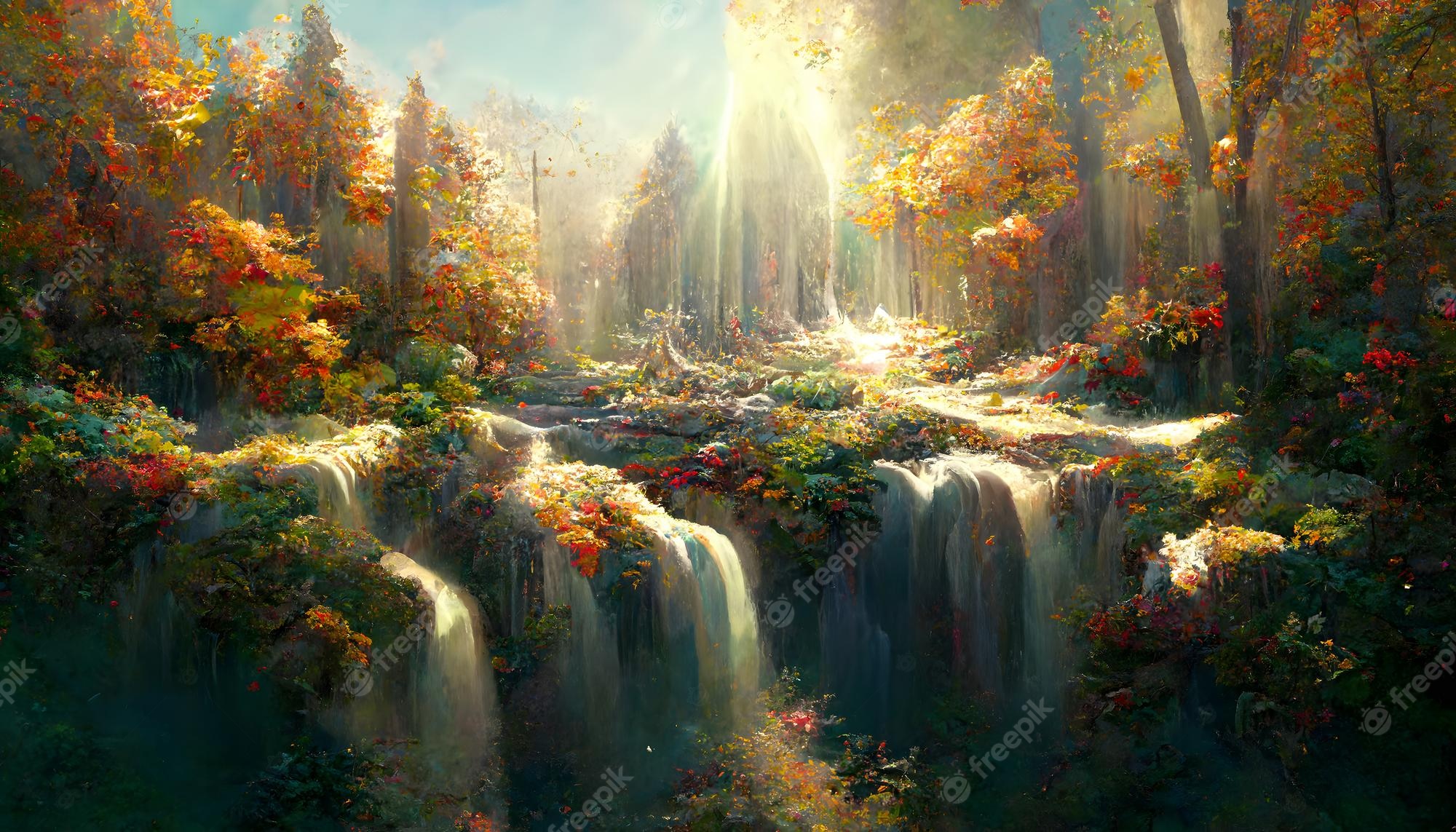 Premium Photo. Fantasy autumn waterfalls scenery at sunny day neural network generated art