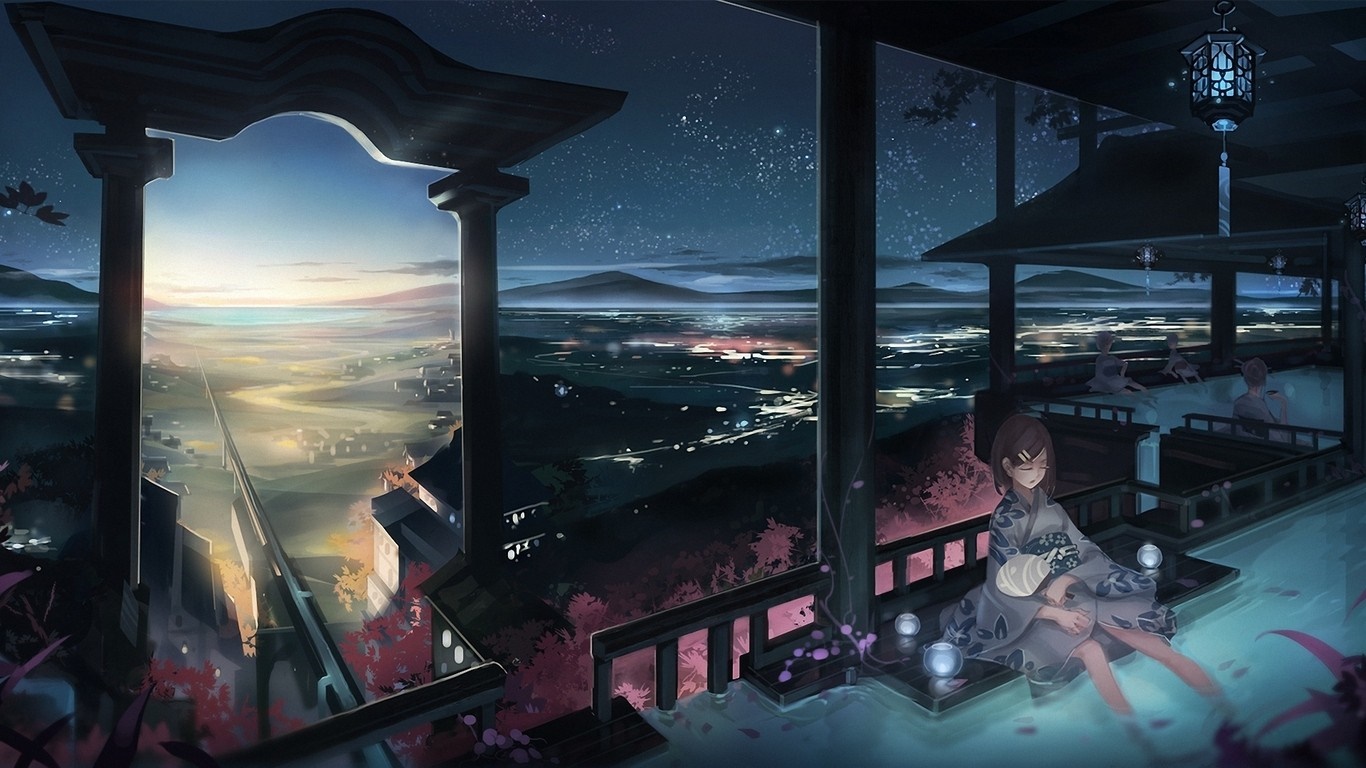 Japan, landscape, night, anime, original characters, ART, darkness, screenshot, computer Gallery HD Wallpaper