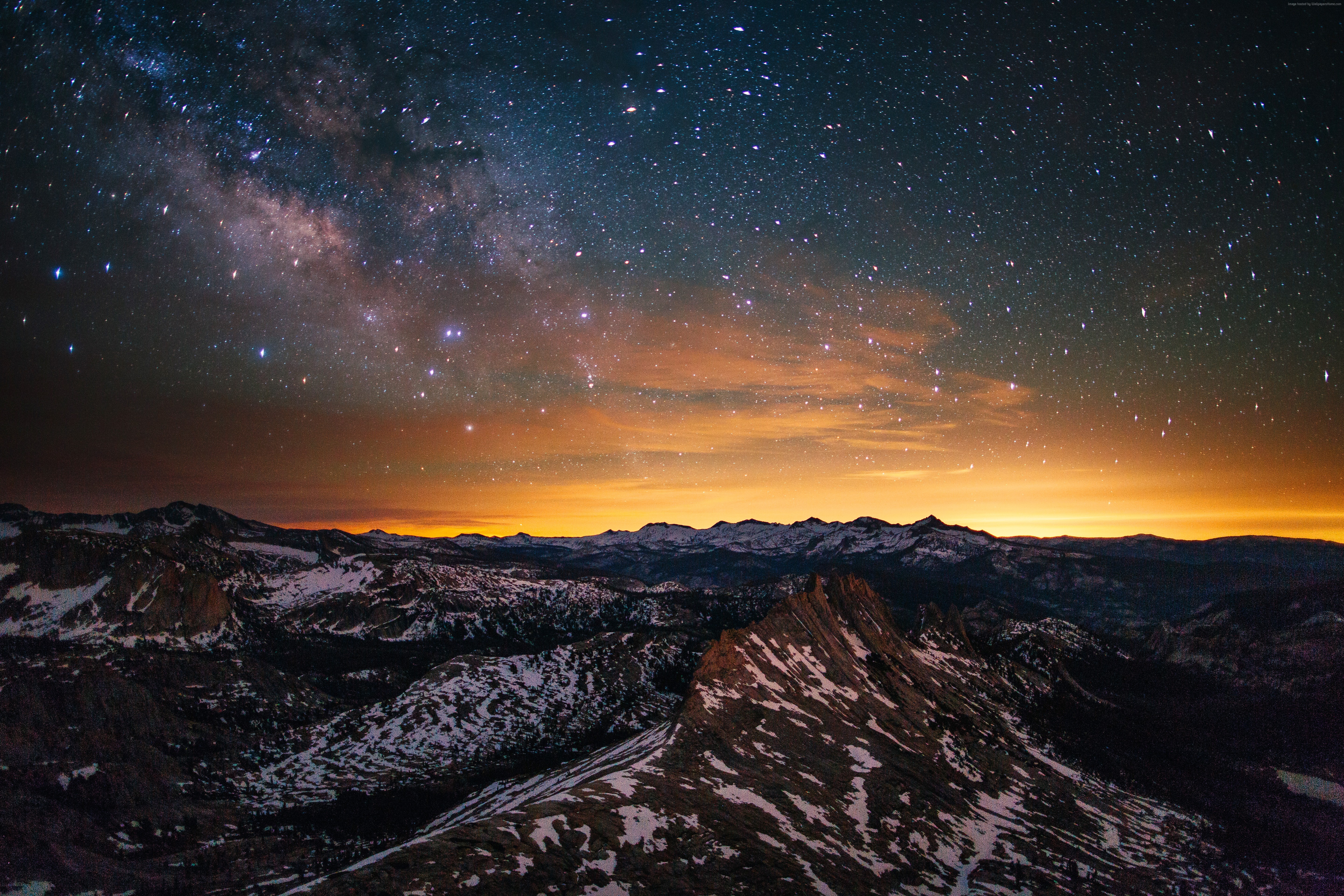 mountains, stars, Yosemite, 5k, 4k, apple, OSX, 8k, sunset, forest Gallery HD Wallpaper