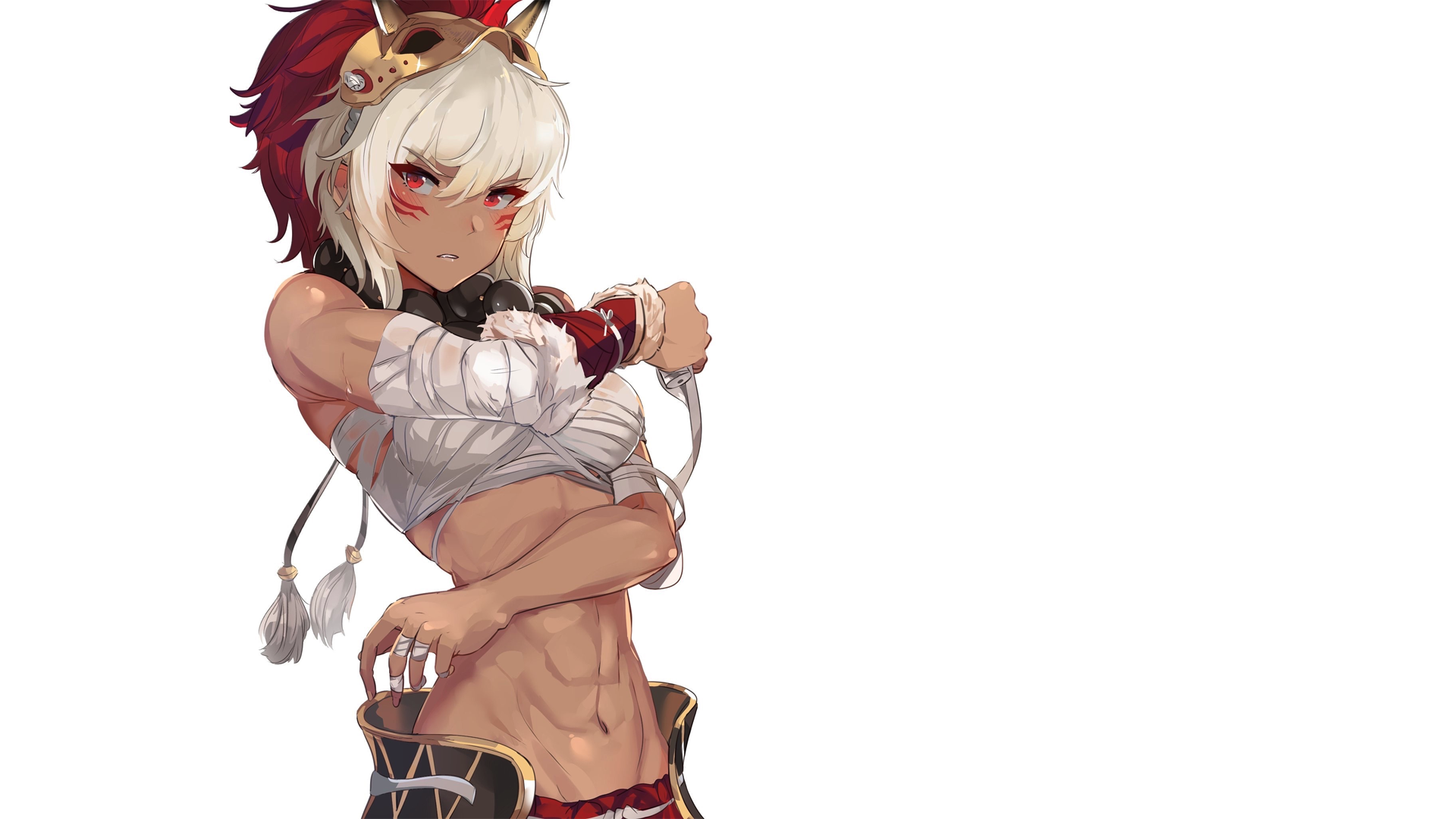 white hair, manga, muscular, fantasy girl, Rinkah, headdress, anime, red eyes, abdominals, simple background, anime girls, Fire Emblem Gallery HD Wallpaper