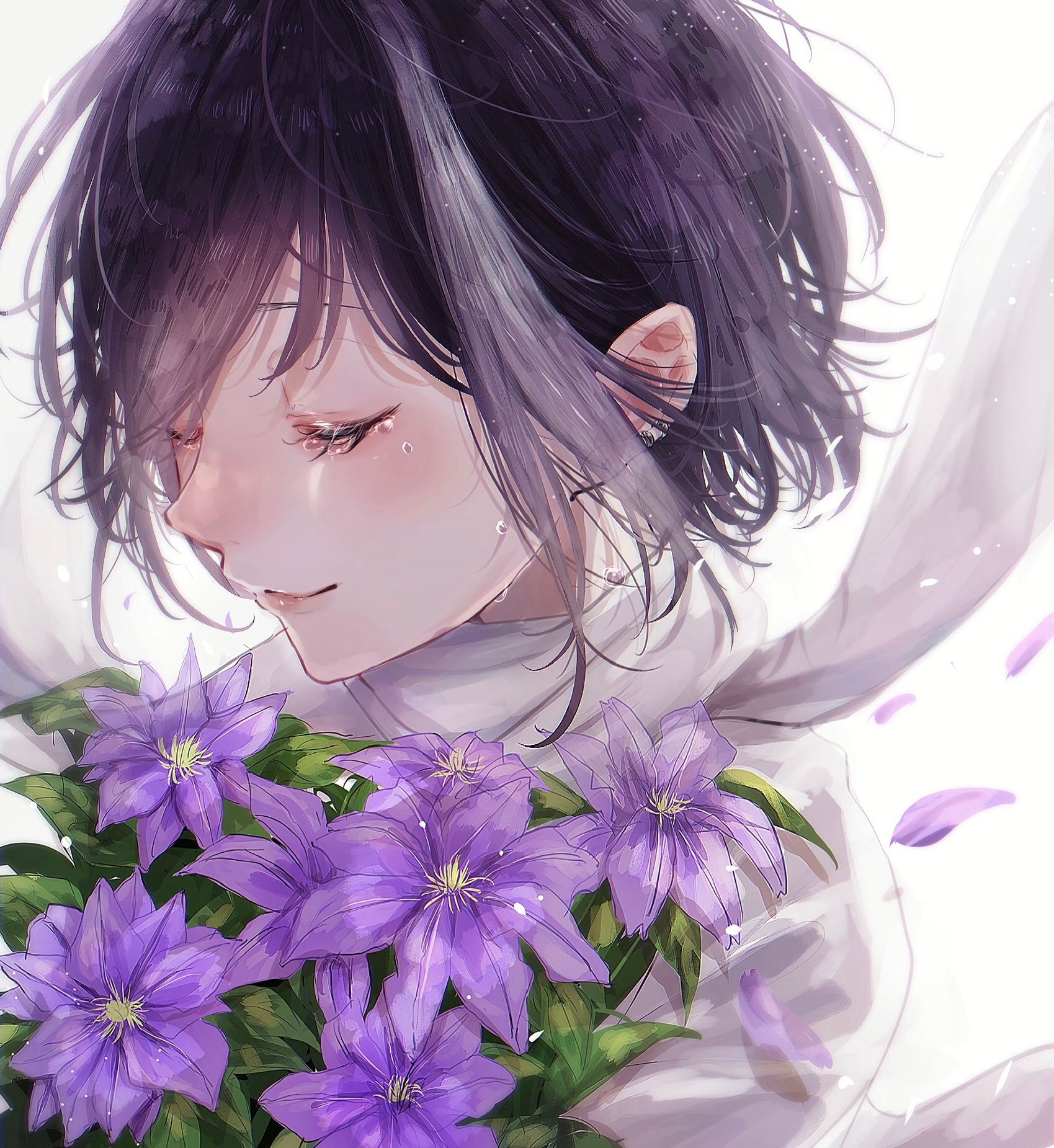 Wallpaper, anime girls, flowers, closed eyes, vertical, purple hair, petals 1699x1851ünyamin