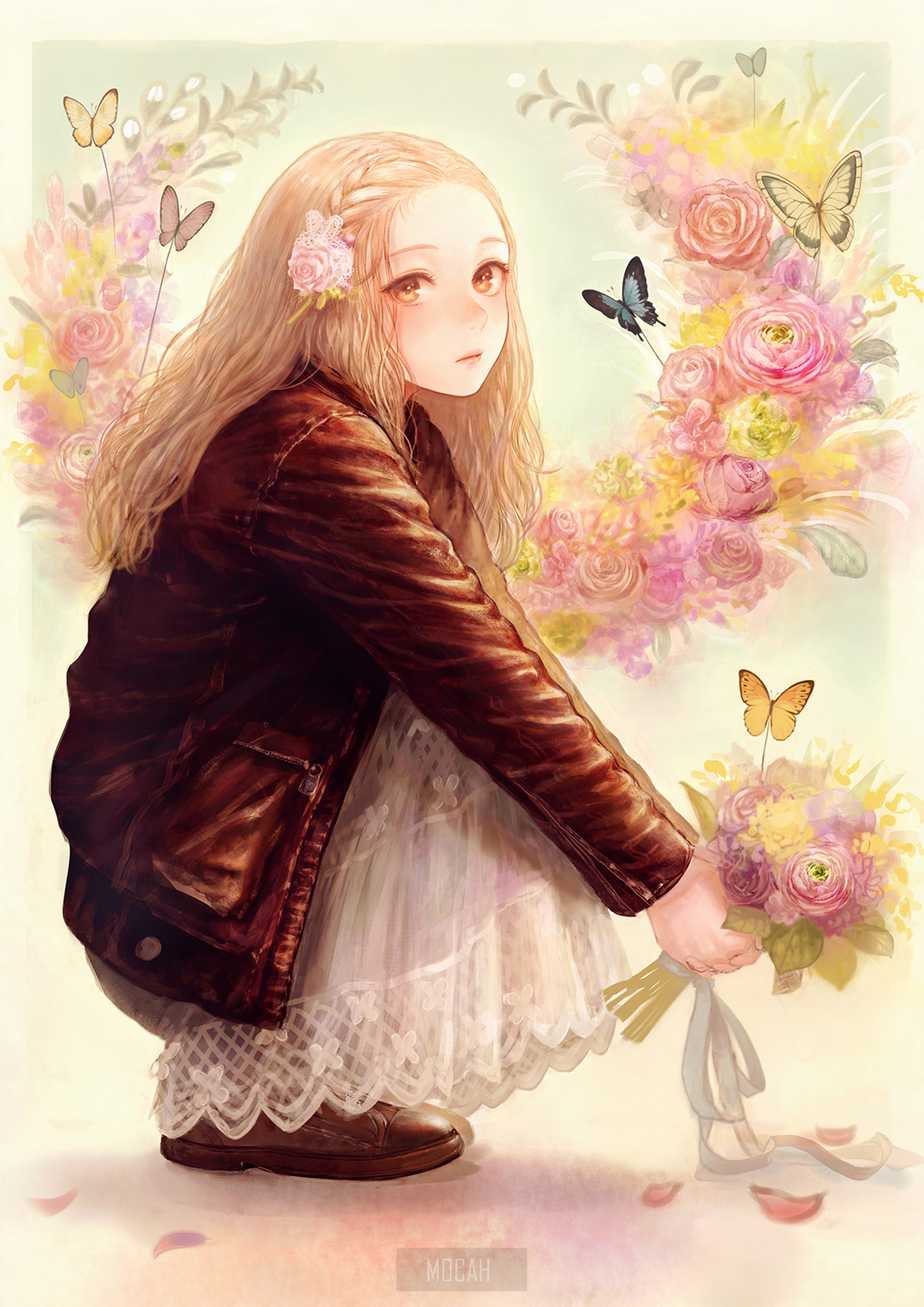 anime, anime girl, butterflies, flowers, flower in hair, blonde full HD wallpaper, 2121x3000 Gallery HD Wallpaper