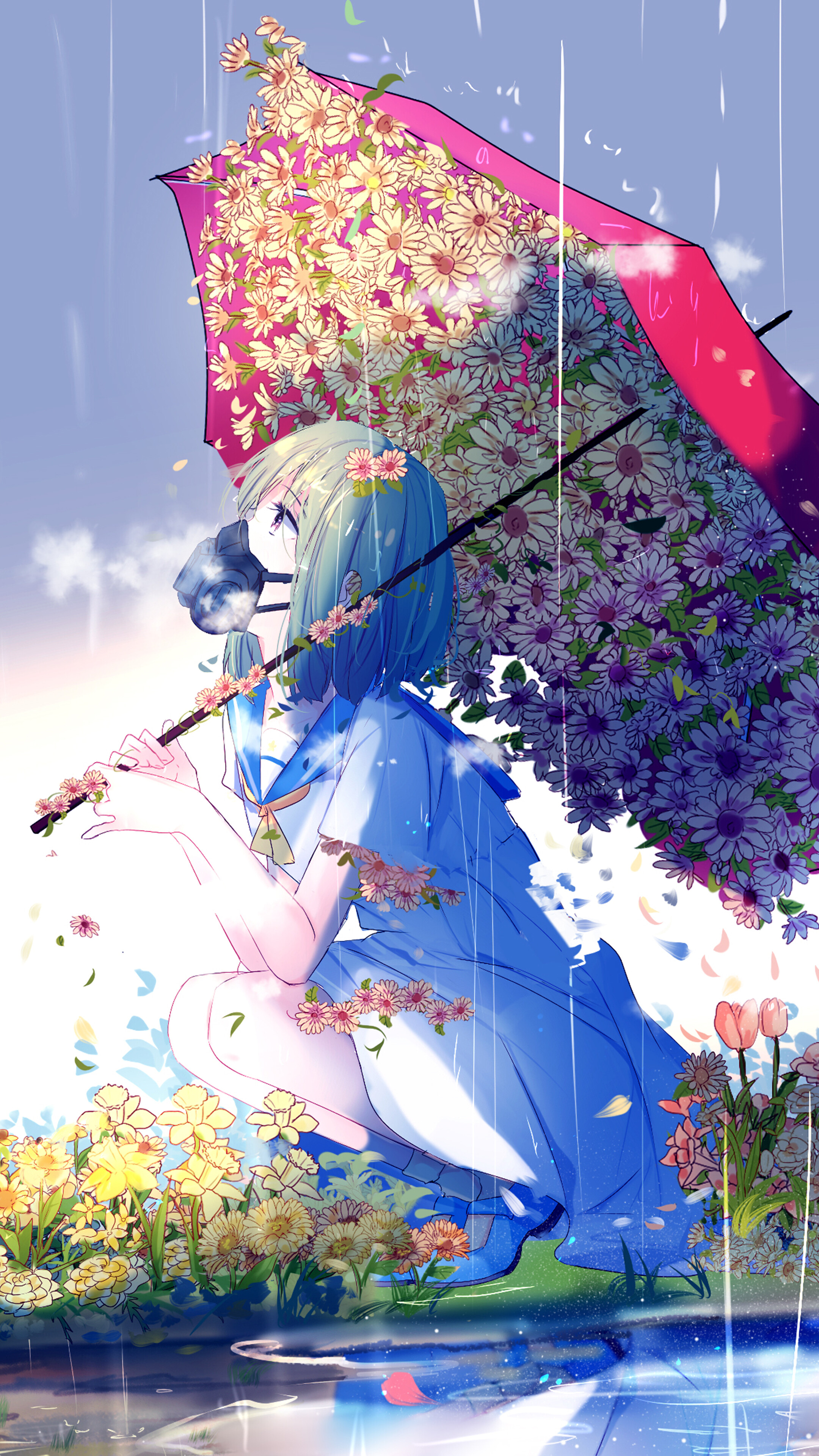 Anime, Girl, Flowers, Gas Mask, Raining, Umbrella, 4k Gallery HD Wallpaper