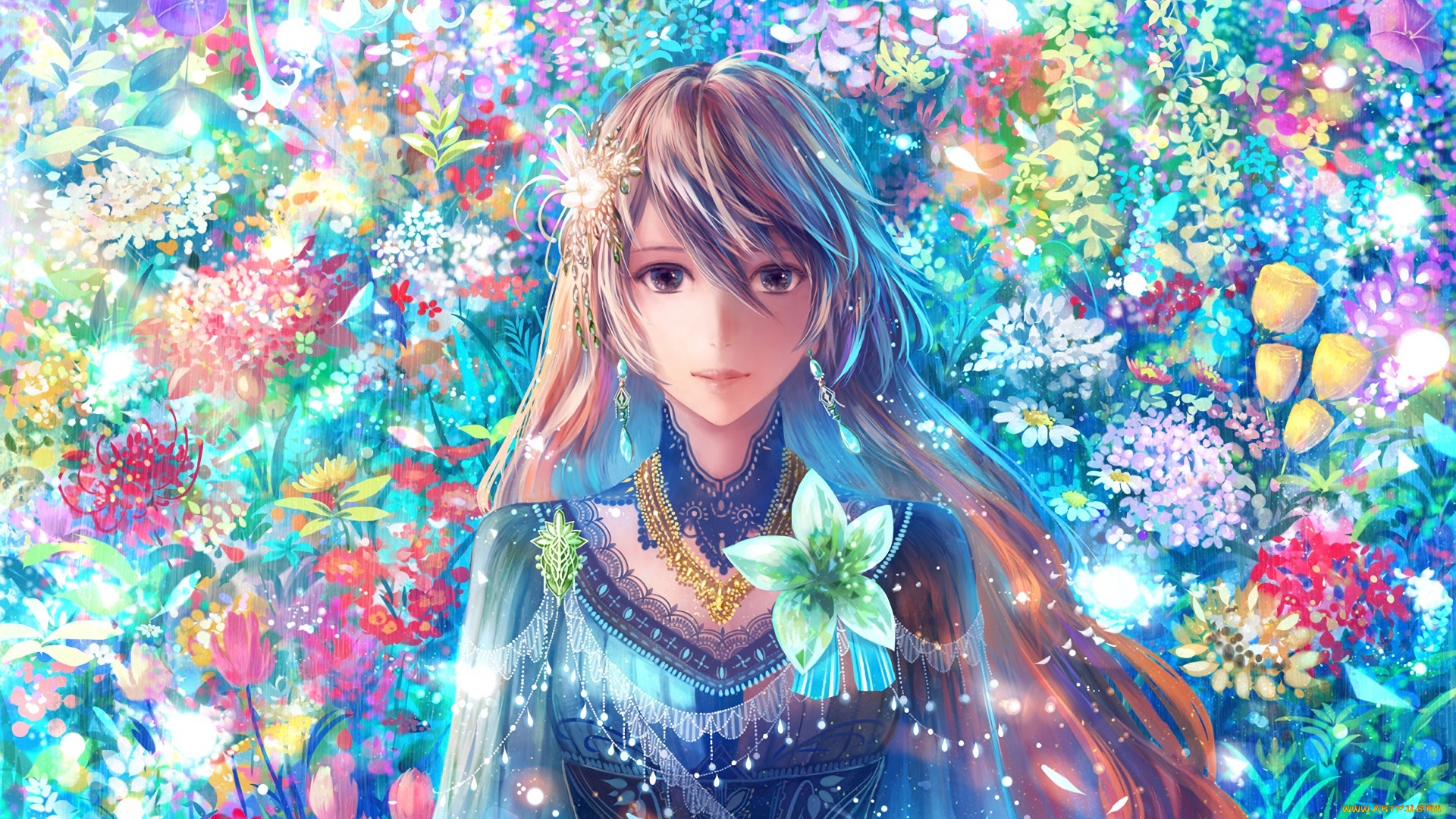 Anime Girl and Flowers Wallpaper