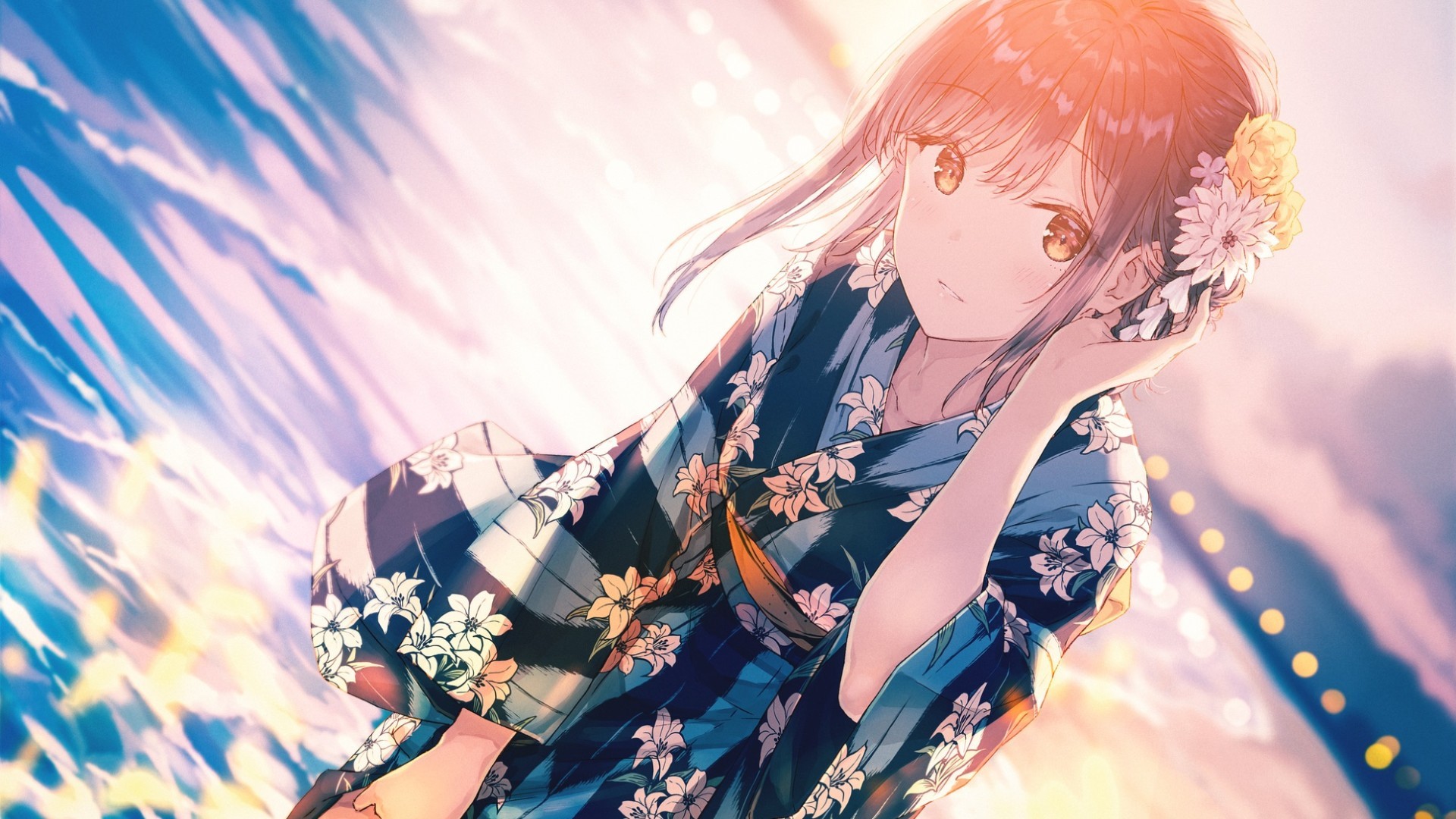 Wallpaper / kimono, floral, flowers, anime, anime girls, brunette, water, Hiten free download