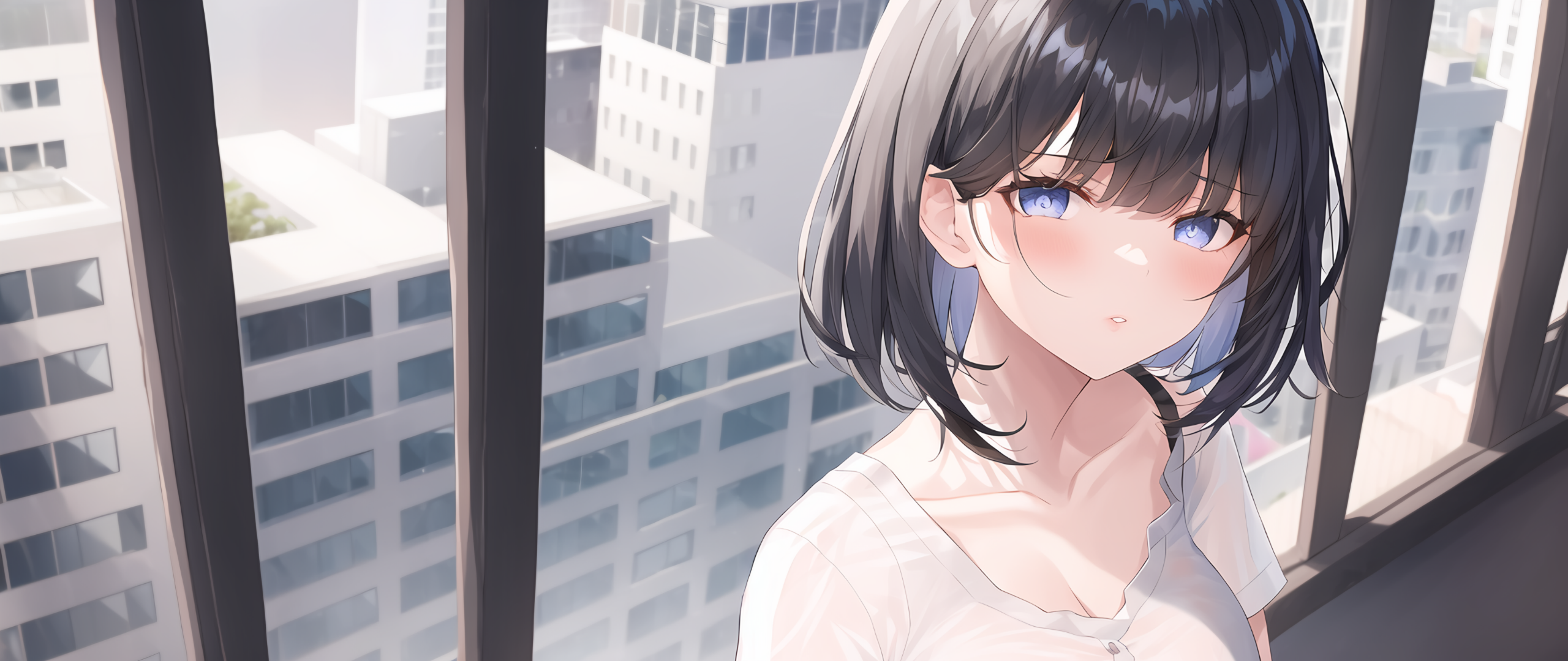 Ai Art City Anime Girls Blue Eyes Window Blushing Wallpaper:2560x1080