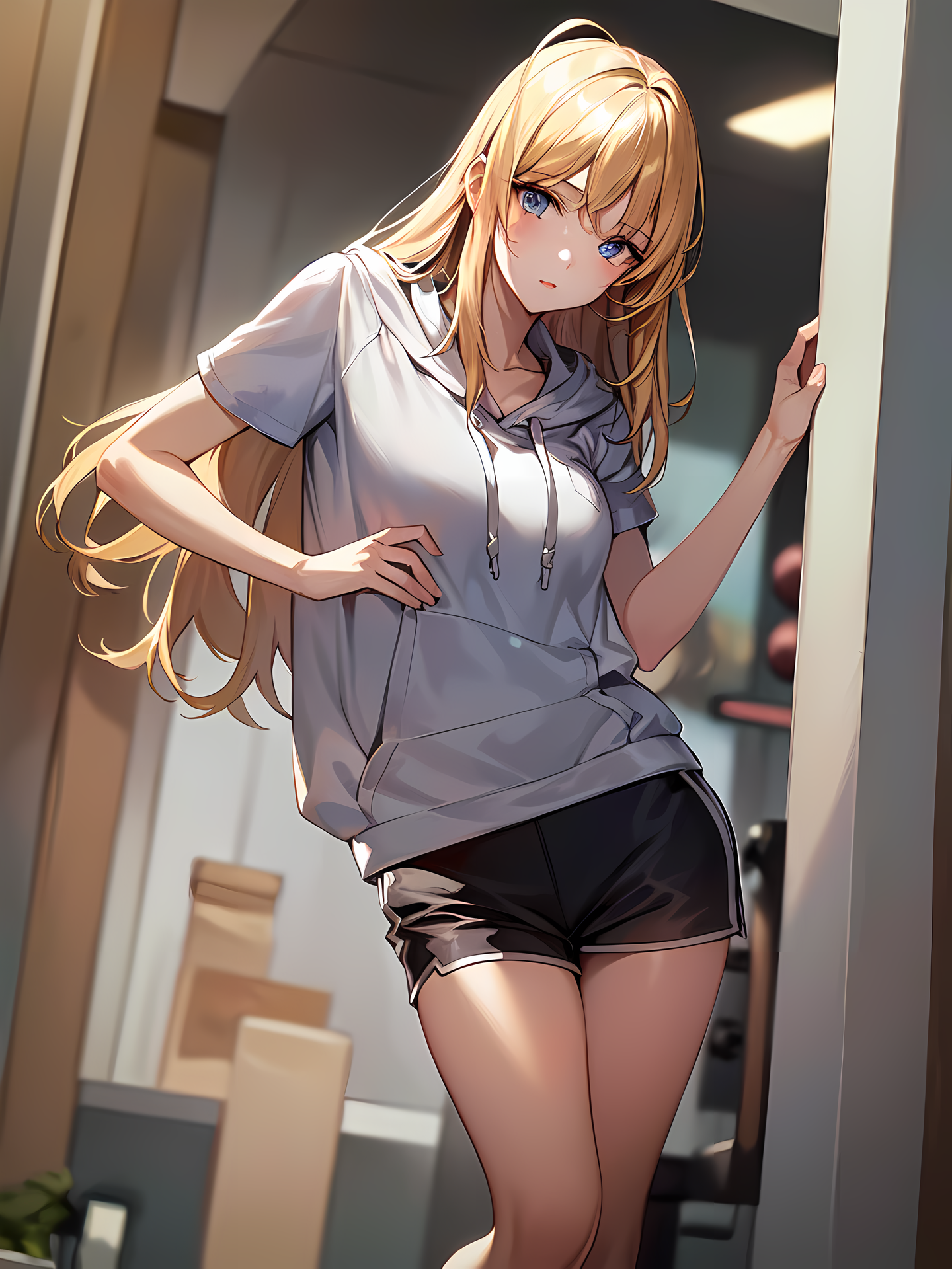 Wallpaper, anime girls, ai art, vertical, short shorts, blonde, blue eyes 1440x1920