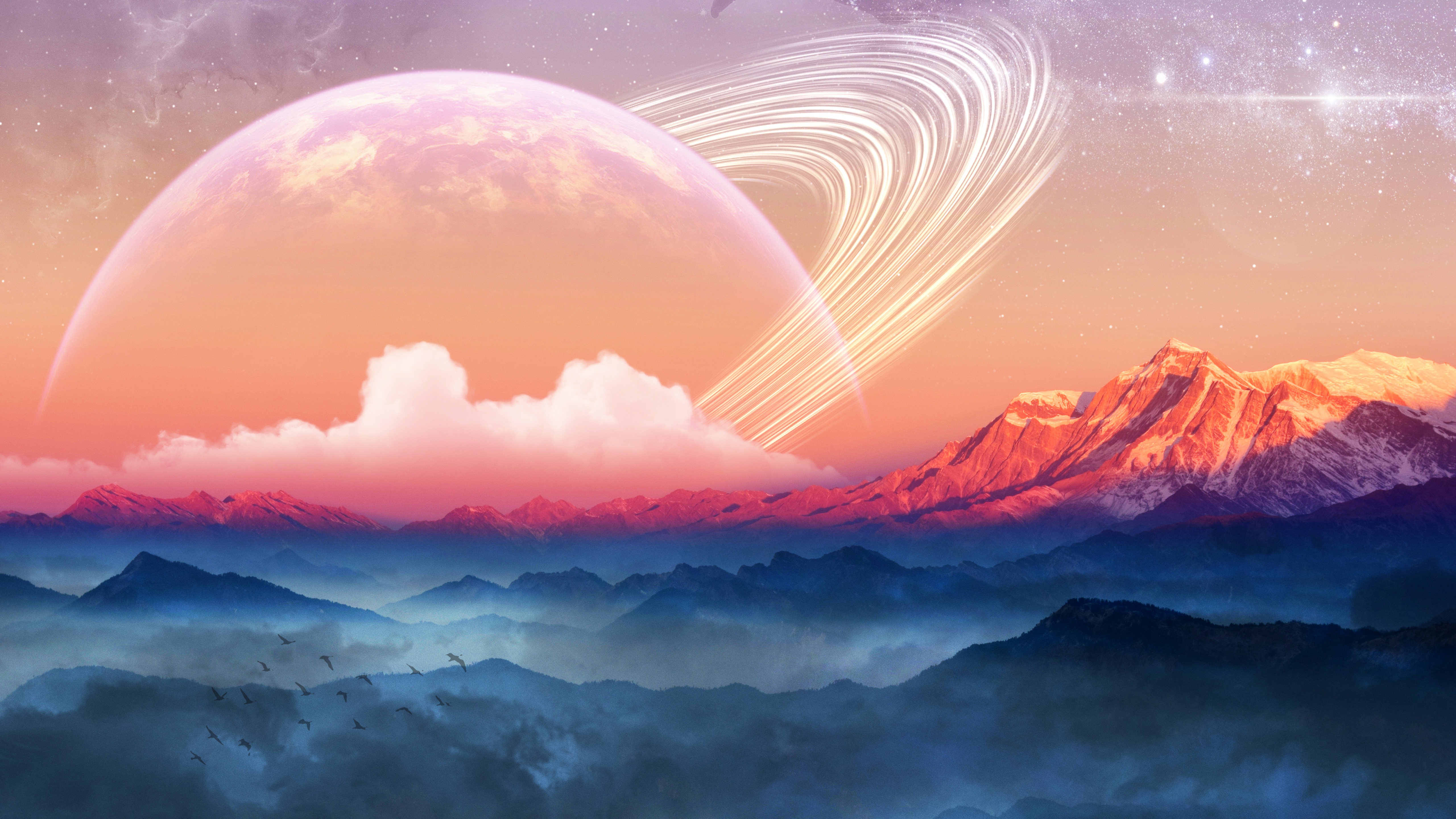 Mountains Wallpaper 4K, Planet, Sunrise, Surreal, Foggy