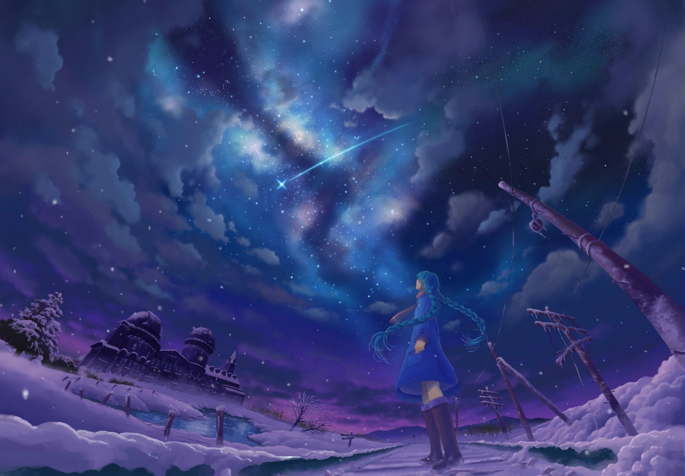 HD desktop wallpaper: Anime, Winter, Sky, Snow, Cloud, Vocaloid, Blue Hair, Hatsune Miku, Long Hair download free picture