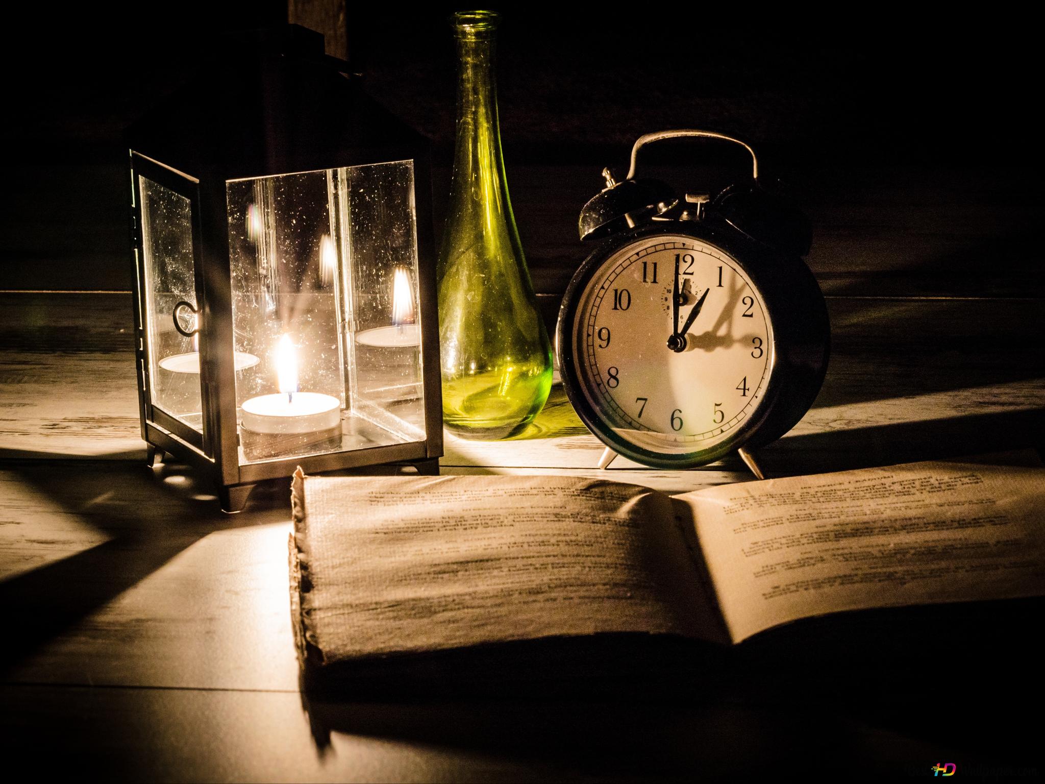 candle light alarm clock and sketchbook 4K wallpaper download