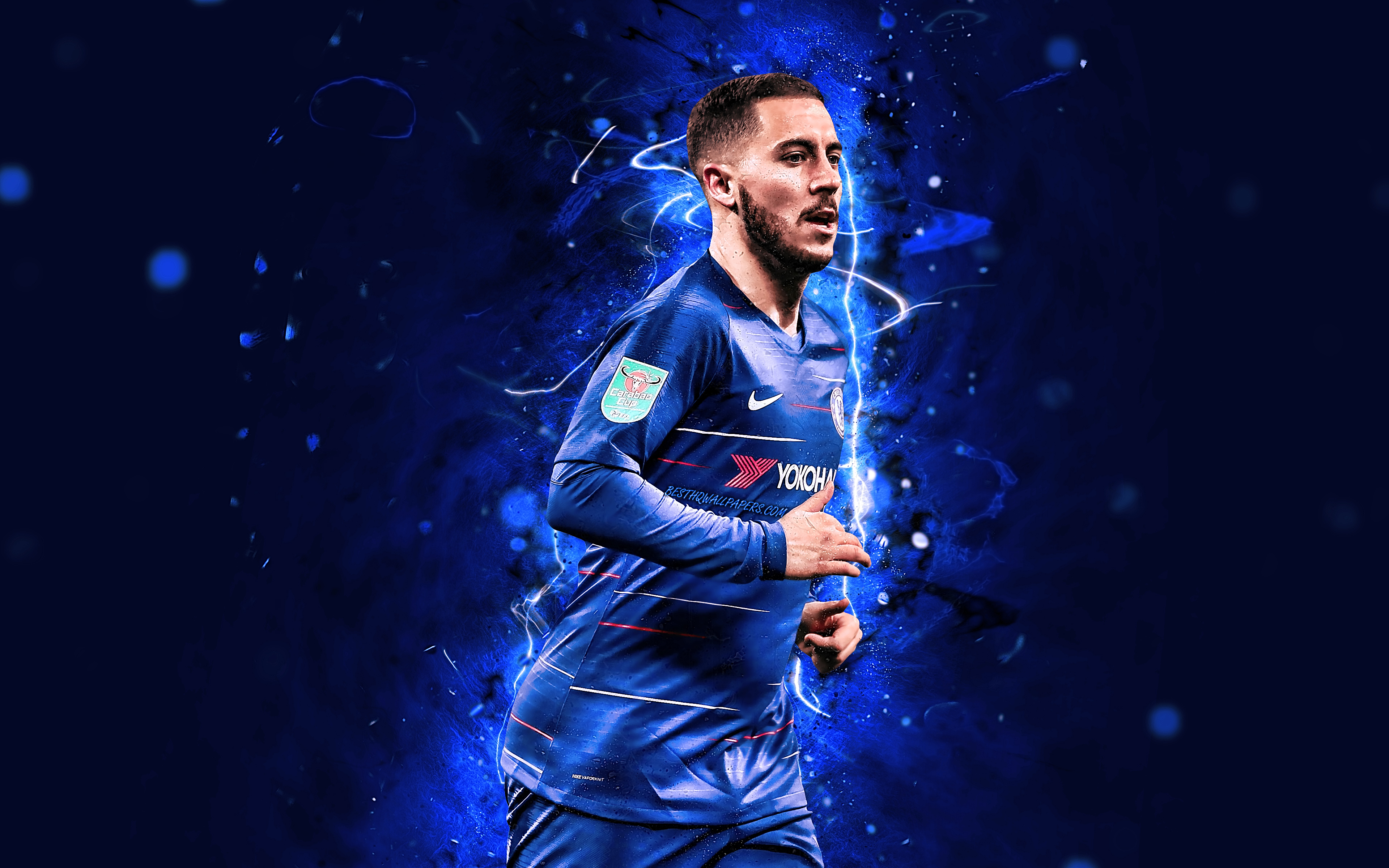 Download Wallpaper 4k, Eden Hazard, Close Up, Chelsea FC, Belgian Footballers, Soccer, Football Stars, Eden Michael Hazard, Premier League, Football, Neon Lights, England For Desktop With Resolution 3840x2400. High Quality HD Picture Wallpaper