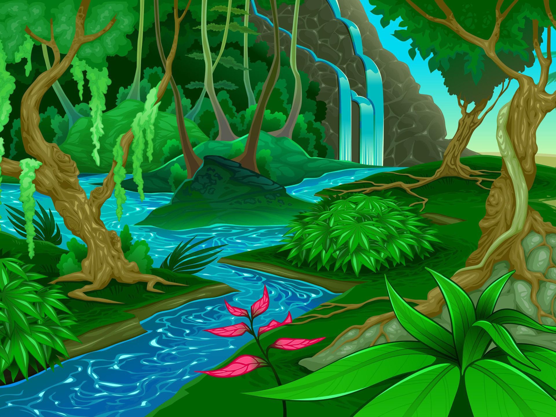 Jungle Tropical Rainforest Roots Tree River Waterfall Green Grass Bushes Fern Dense Vegetation Art Picture 4k Ultra HD Wallpaper High Resolution For Android iPhone And Computers, Wallpaper13.com