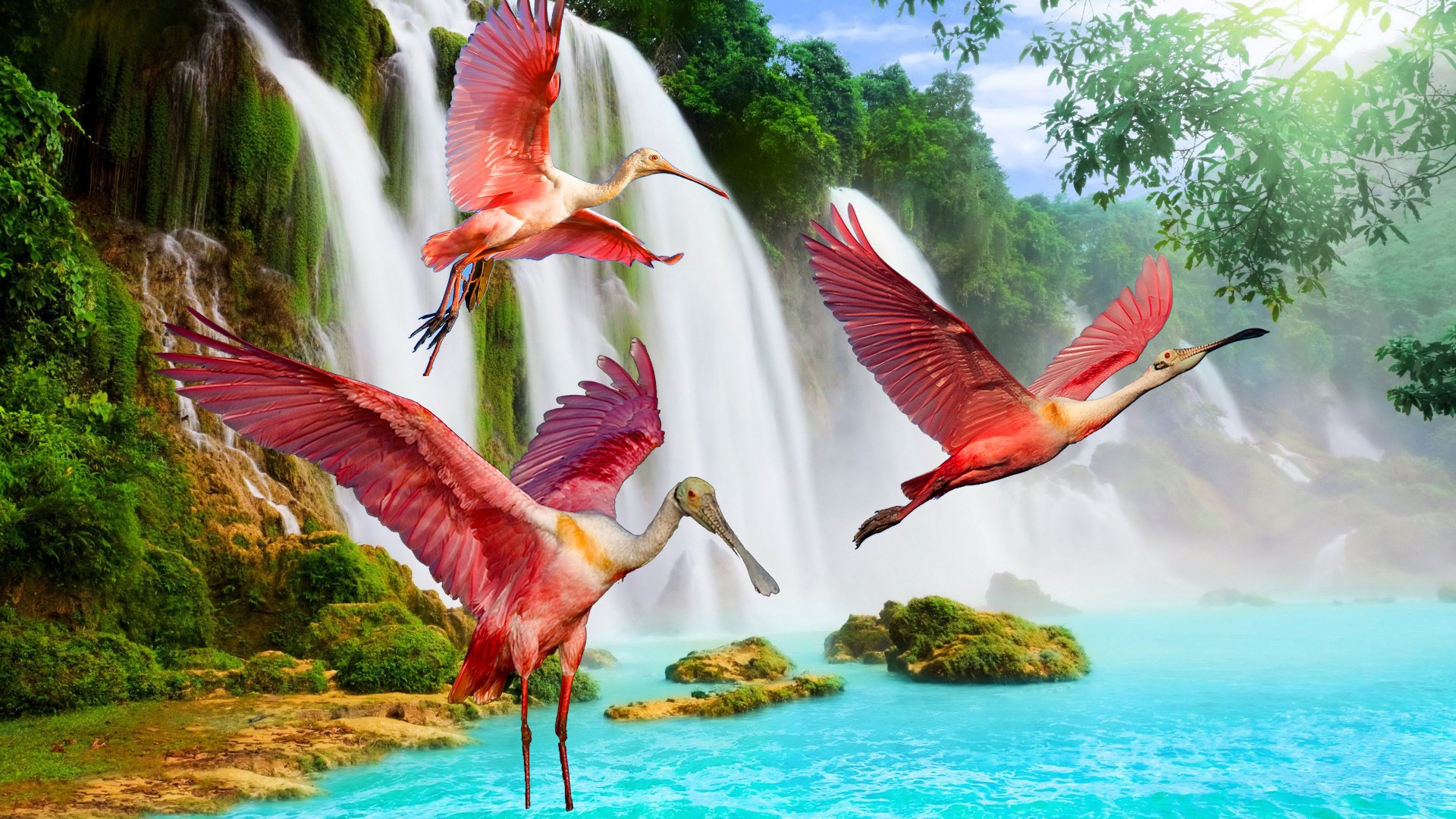 HD desktop wallpaper: Birds, Bird, Waterfall, Animal, Tropical, Flying, Roseate Spoonbill download free picture