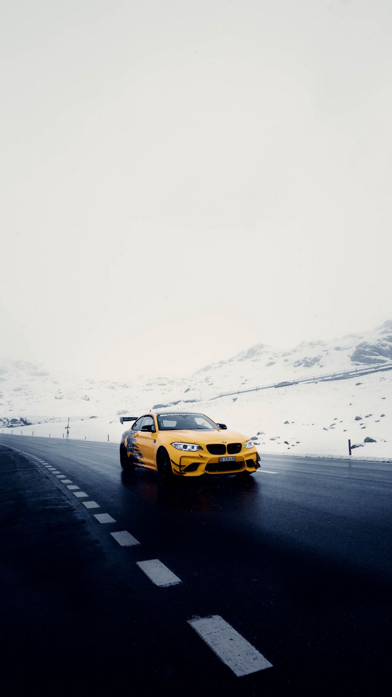 Download wallpaper 1350x2400 car, sports car, yellow, road, snow iphone 8+/7+/6s+/for parallax HD background