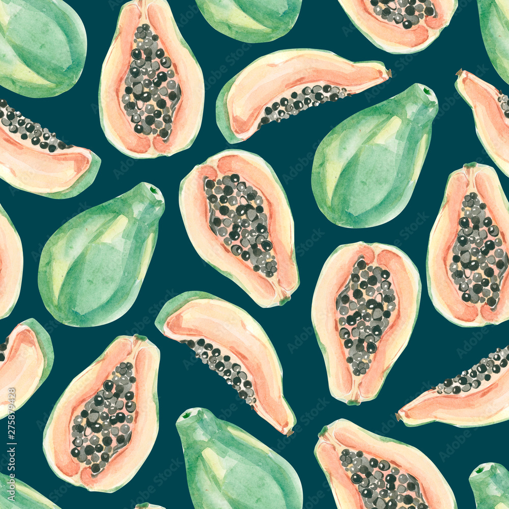 Watercolor summer exotic fruit pattern tropical fruits. Hand painted exotic coctails on white background. Papaya tropical print for the textile fabric und wallpaper Stock Illustration