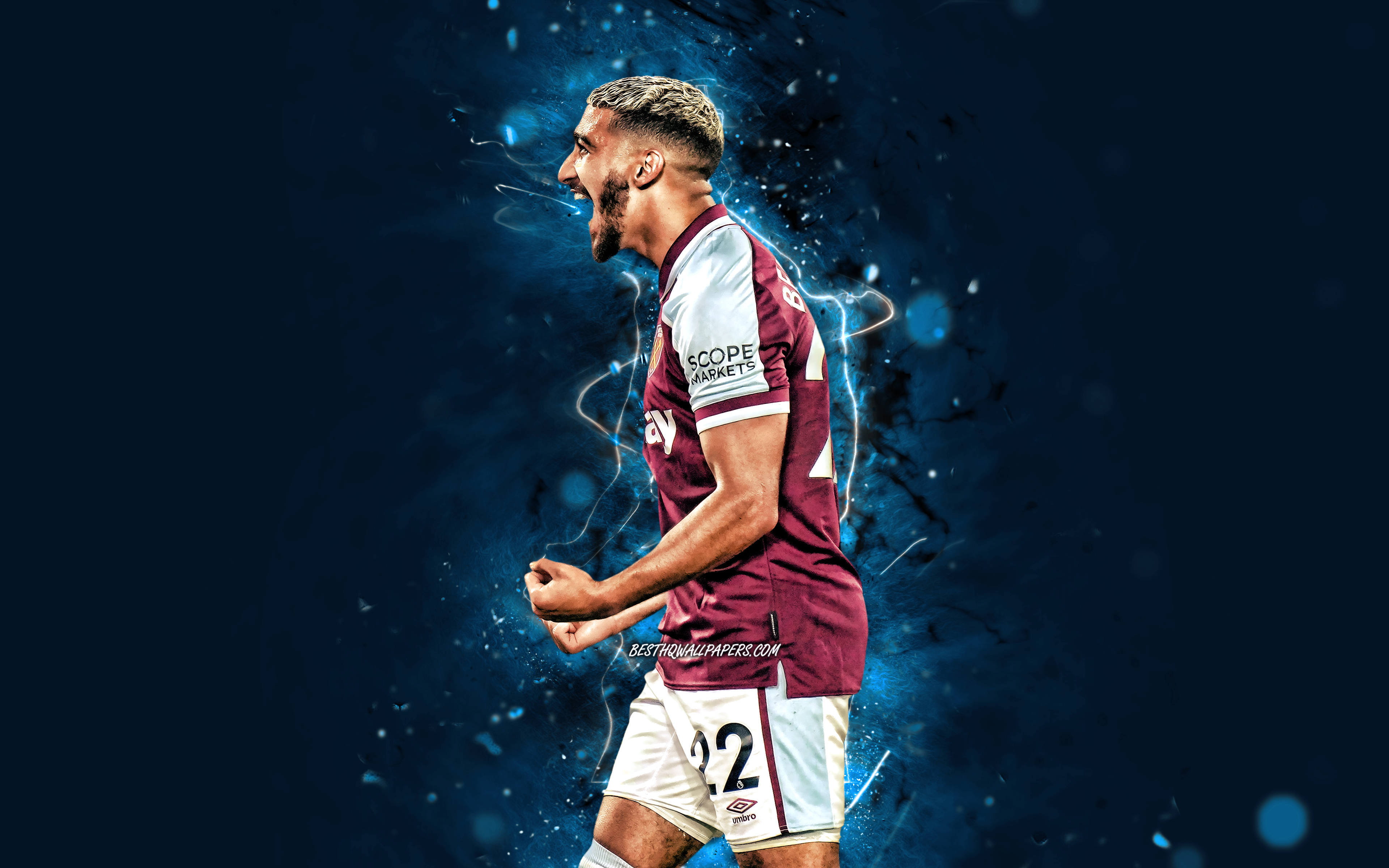 Download wallpaper Said Benrahma, 4k, 2021, algerian footballers, West Ham United FC, soccer, Mohamed Said Benrahma, Premier League, footballers, blue neon lights, Said Benrahma 4k, Said Benrahma West Ham United for desktop