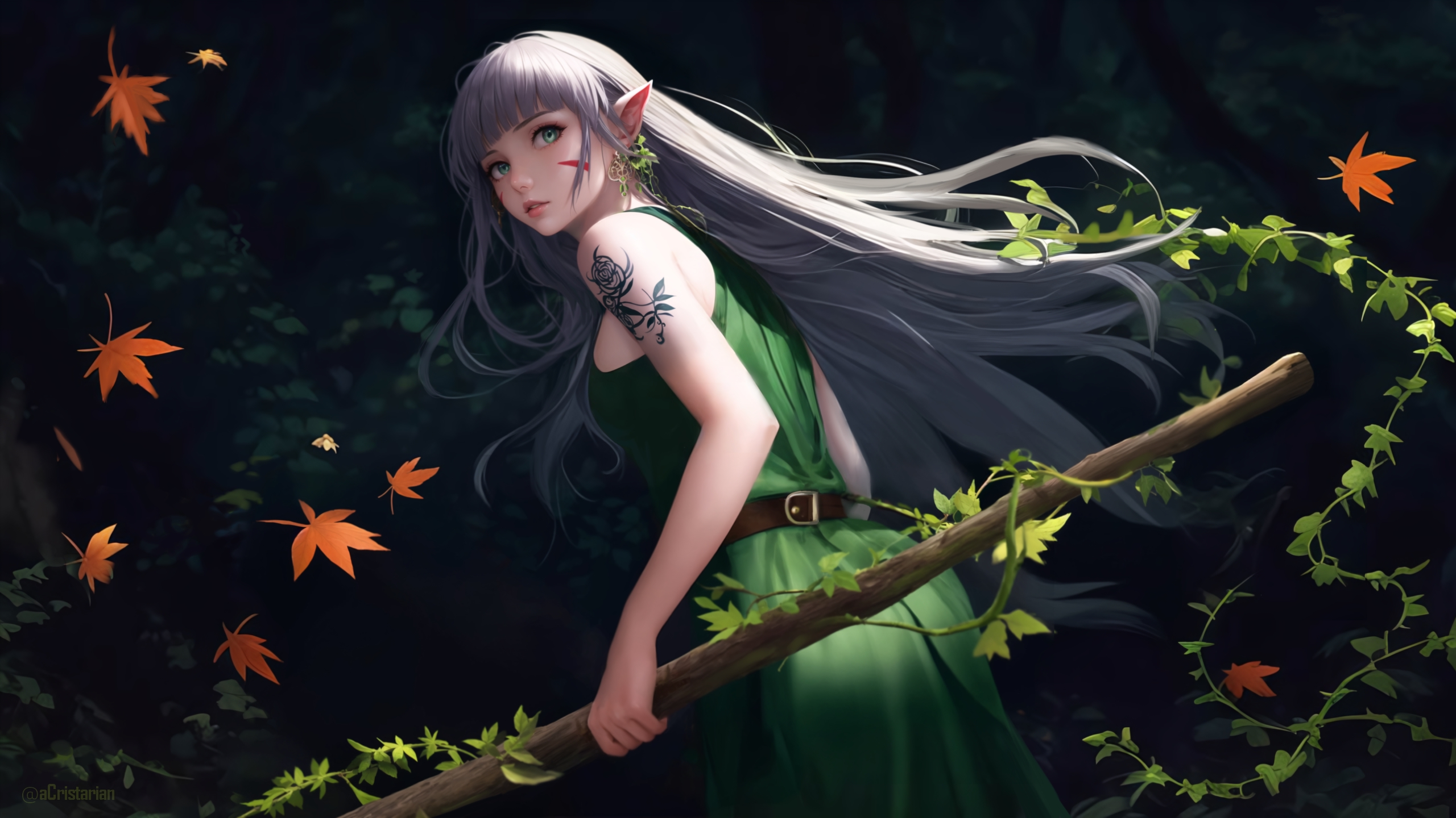 Wallpaper, forest, elven, green dress, leaves, anime girls 2560x1440