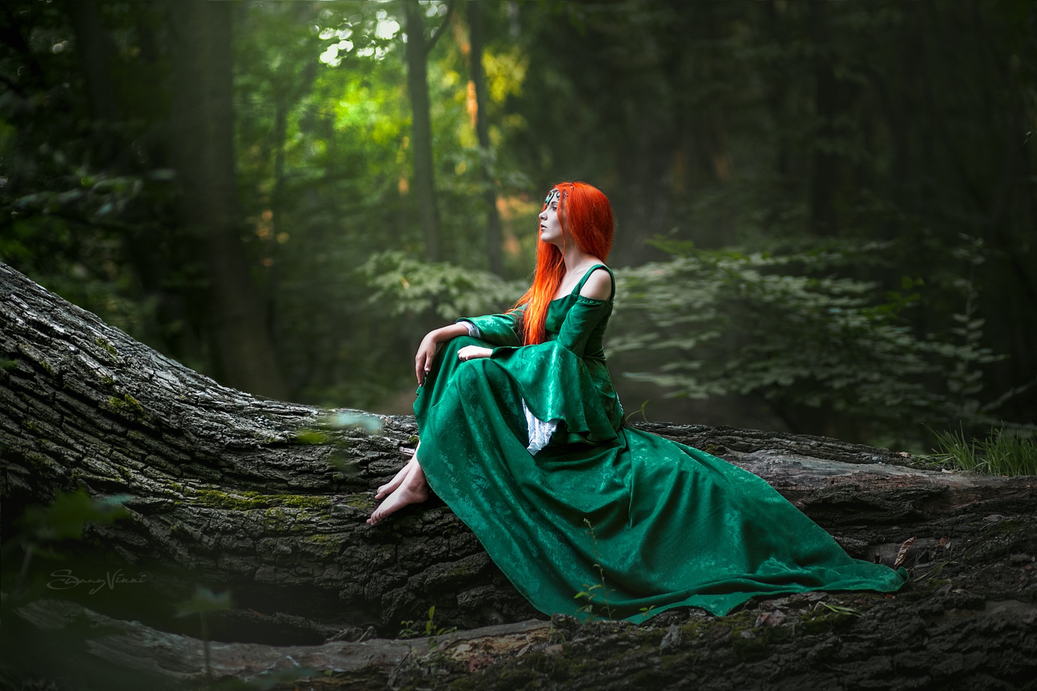 Redhead Trees Women Fantasy Girl Model Women Outdoors Green Clothing Green Dress Barefoot Wallpaper:2048x1365