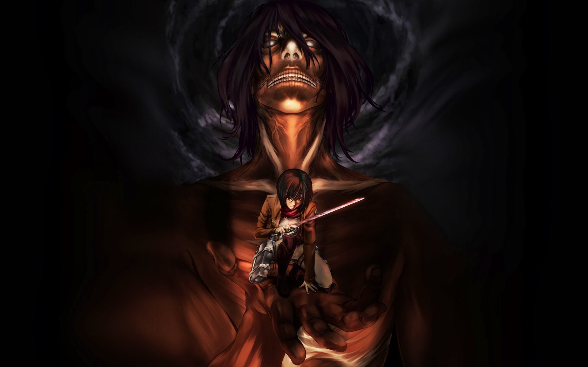 Wallpaper, anime, Shingeki no Kyojin, Eren Jeager, Mikasa Ackerman, demon, mythology, darkness, screenshot, computer wallpaper, fictional character, special effects, woman warrior 1920x1200