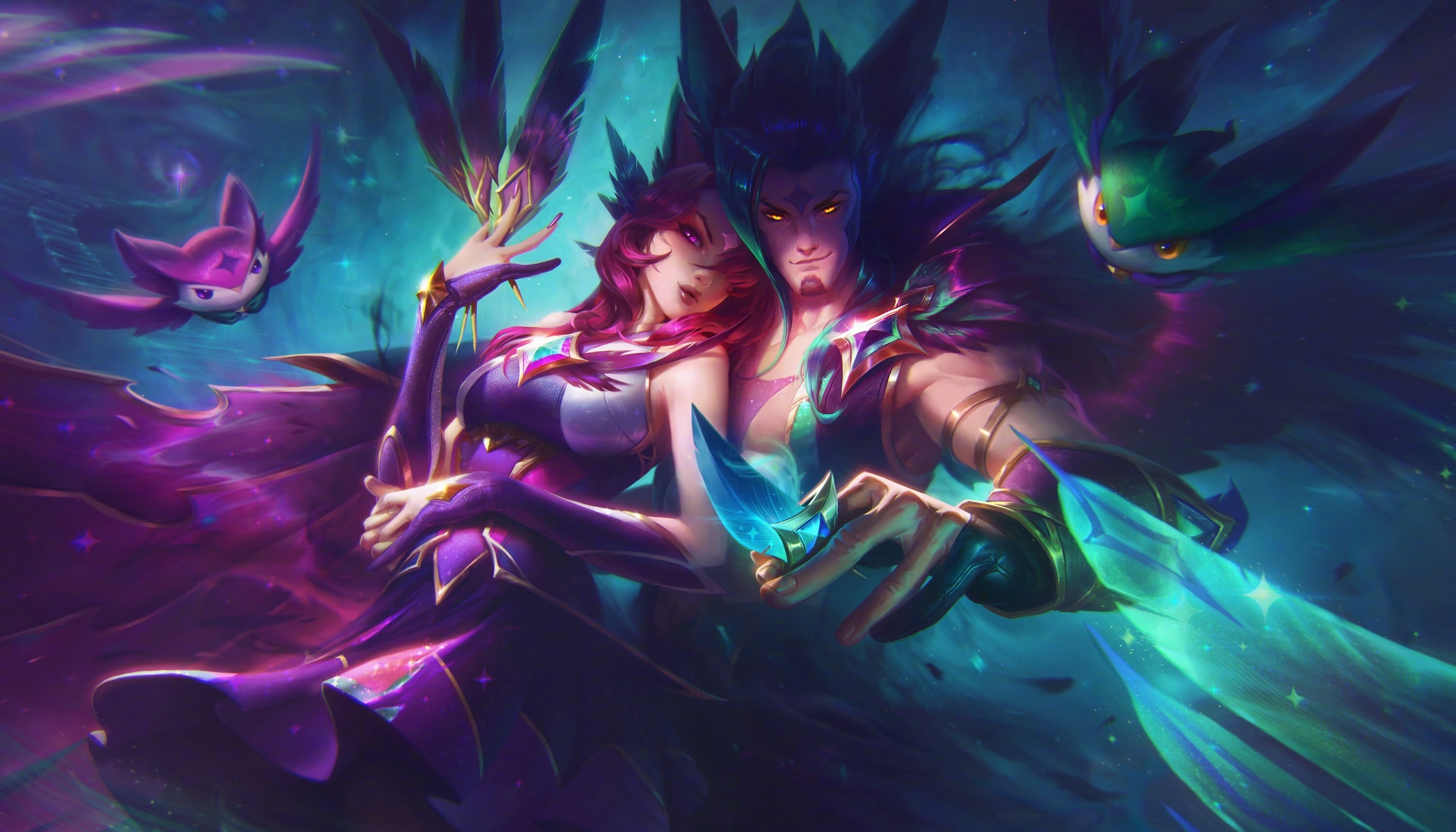 Wallpaper / galaxy, skin, Rakan (League of Legends), 2K, Star Guardian, League of Legends, Riot Games, stars, Xayah and Rakan (League of Legends), Xayah (League of free download