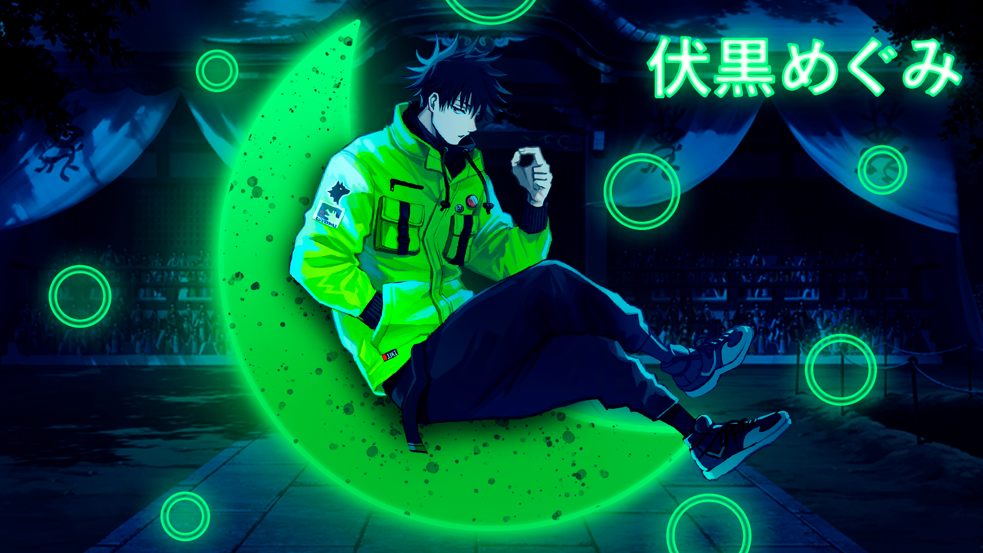 Megumi Fushiguro Jujutsukaisen Glowing Circle Half Moon Green Jacket Anime Design Anime Boys Kanji Wallpaper:1920x1080