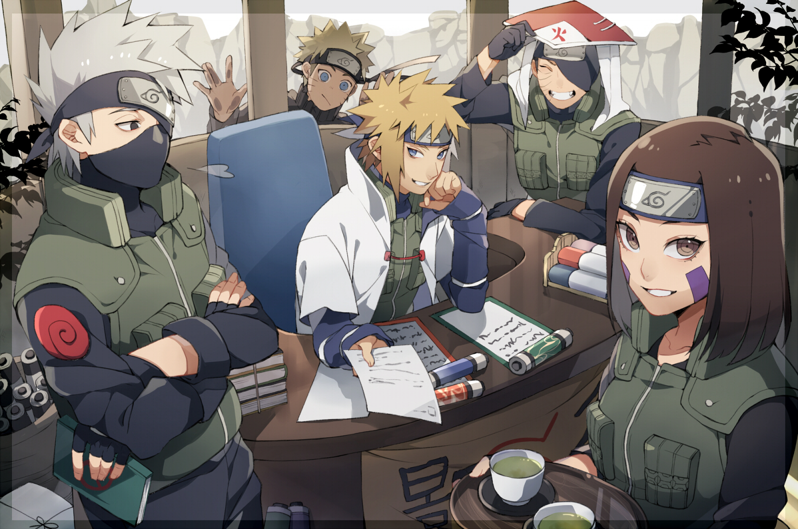 Wallpaper, Uzumaki Naruto, Hatake Kakashi, Namikaze Minato, Uchiha Obito, Nohara Rin 2000x1326