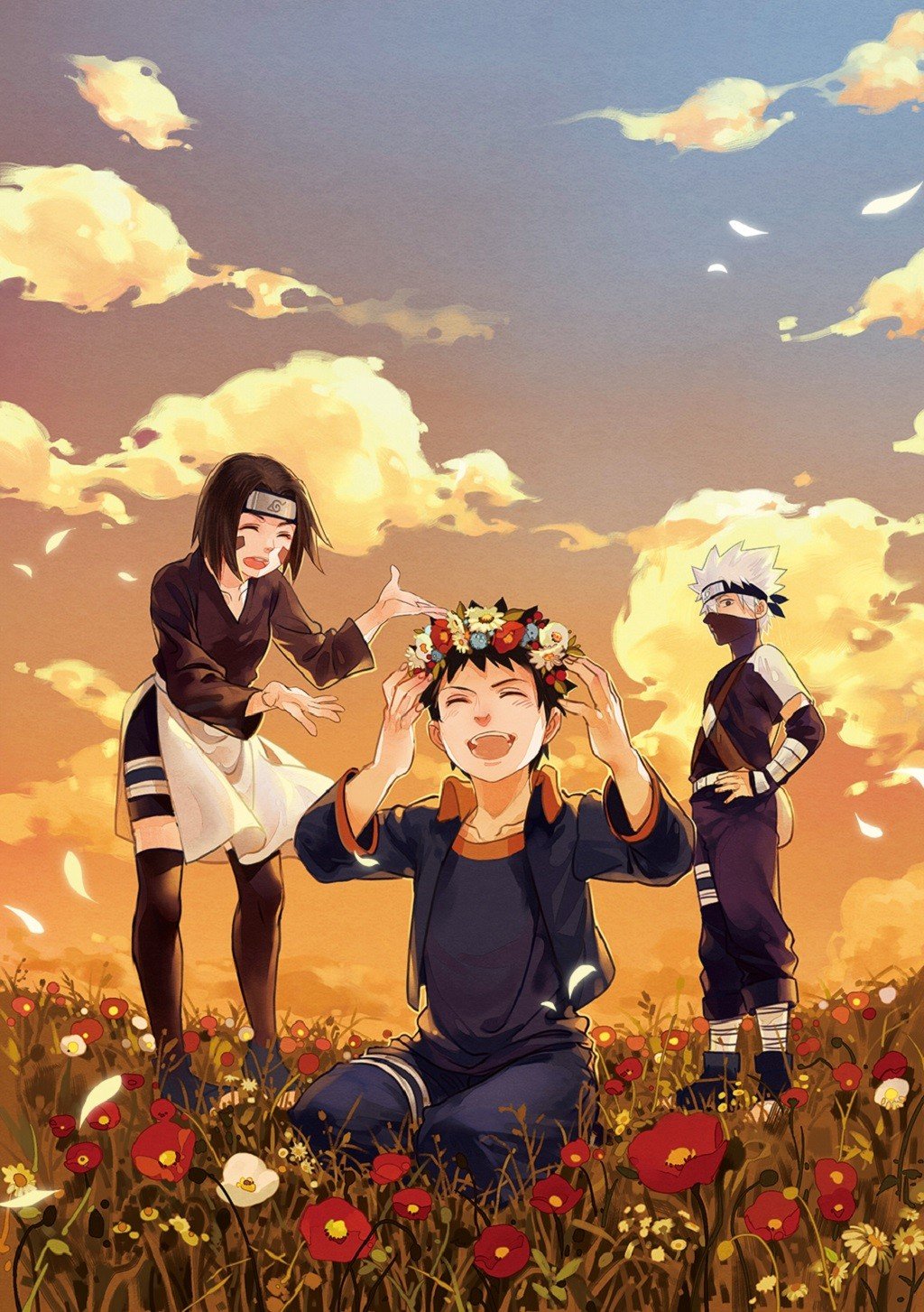 Wallpaper, 1024x1453 px, anime, artwork, flowers, Hatake Kakashi, Naruto Shippuuden, Nohara Rin, Uchiha Obito 1024x1453