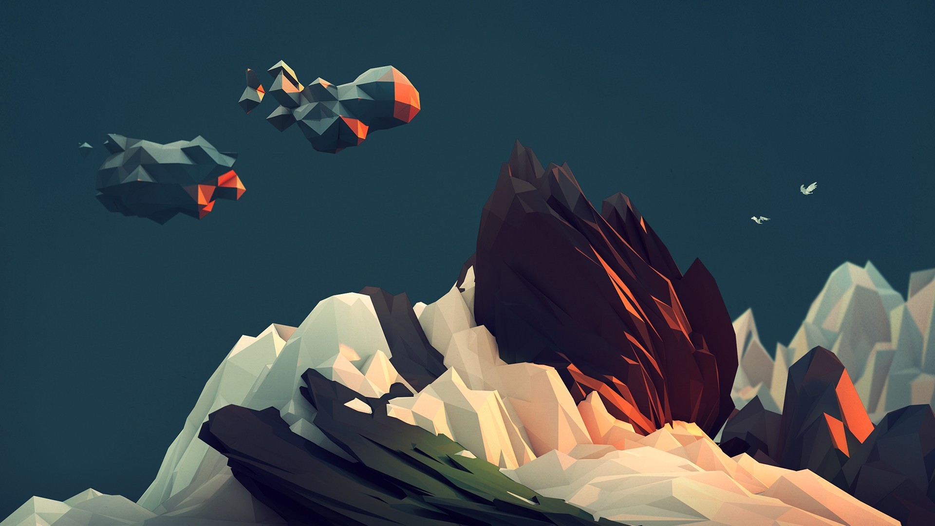 Wallpaper, illustration, mountains, digital art, anime, abstract, clouds, low poly, teal, wing, screenshot, mecha, computer wallpaper 1920x1080