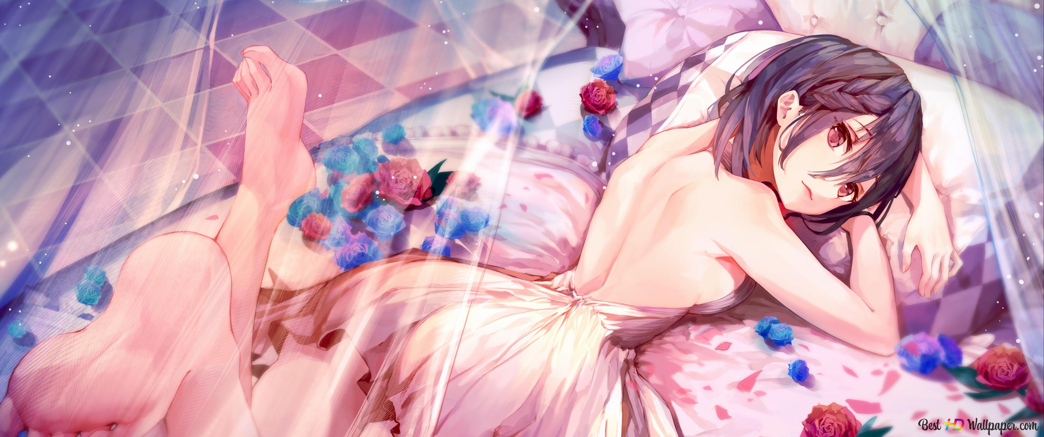 Hot Anime girl lying on her bed with backless pink skirt 4K wallpaper download