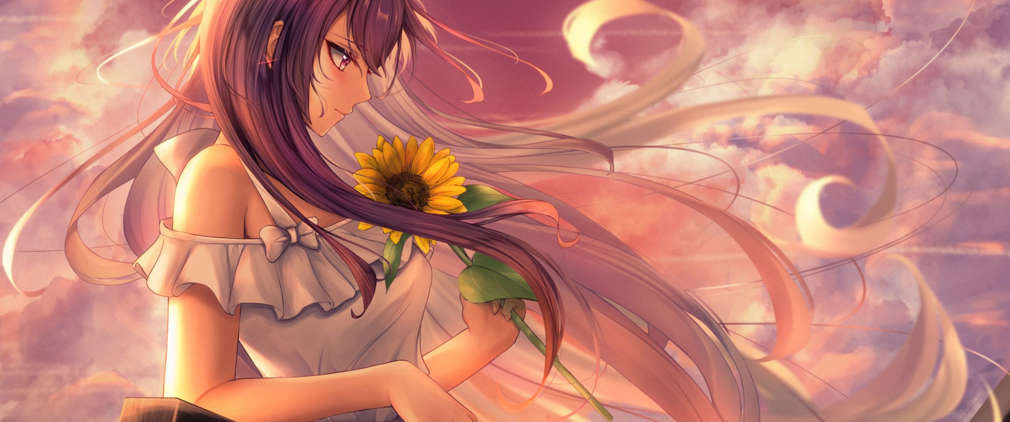 Anime girl Wallpaper 4K, Happy Mood, Sunflower, Alone, 5K