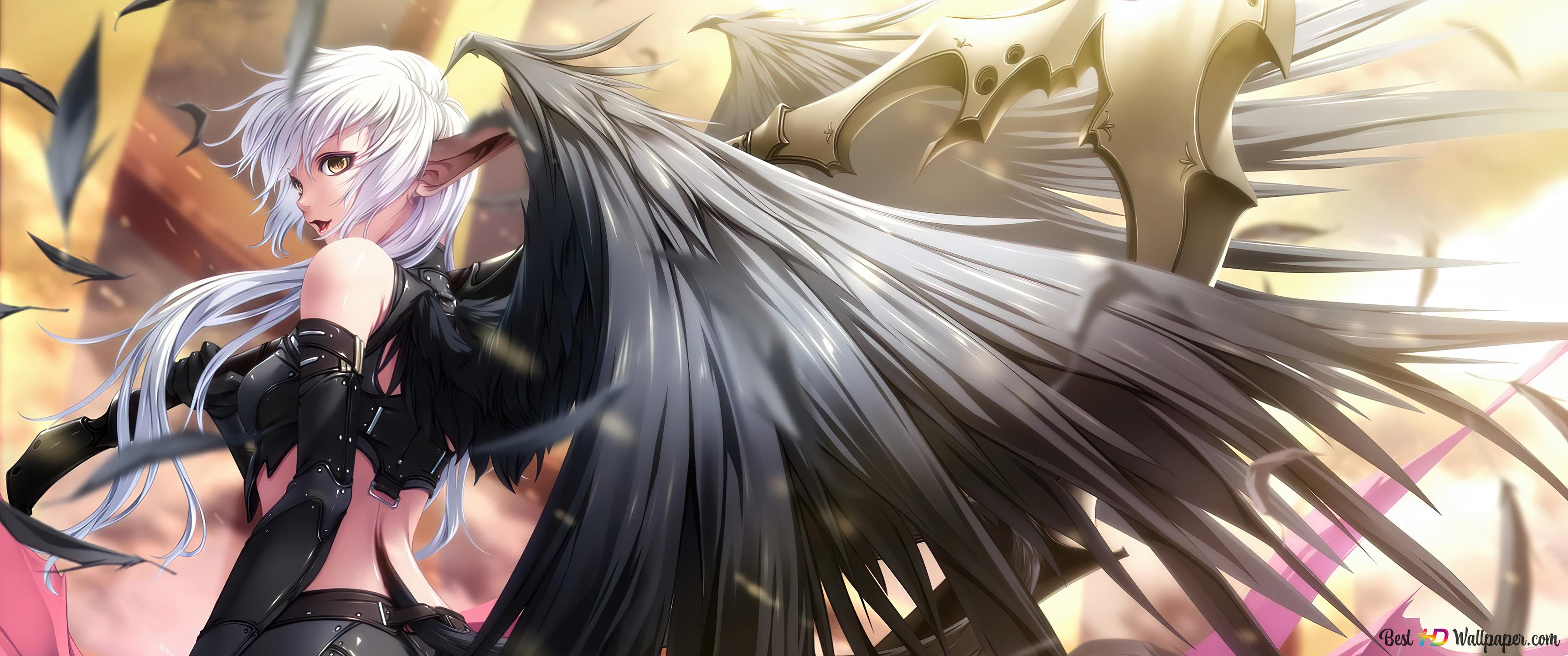 Anime Girl Wings Warrior 4K wallpaper download
