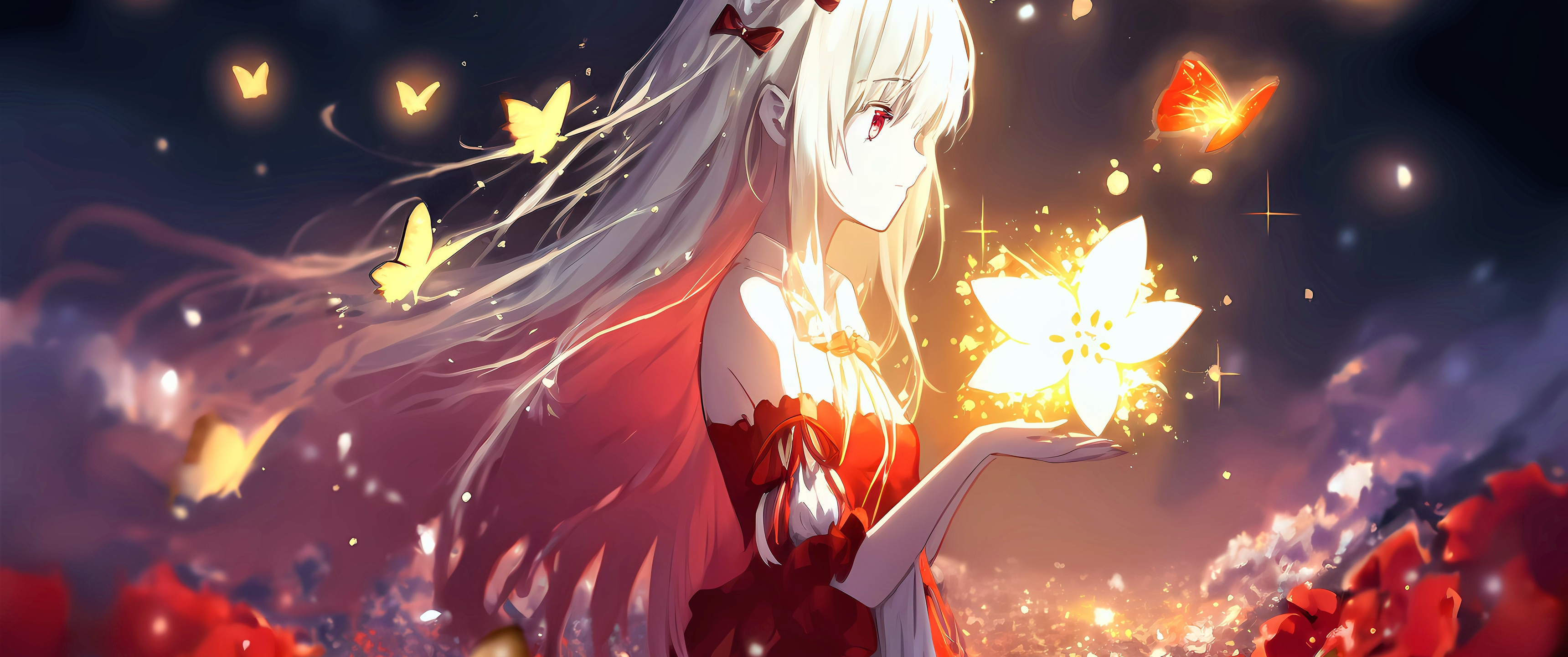 Download Anime girl, Butterflies, Young woman, Flower, Anime, Glow Wallpaper in 3440x1440 Resolution