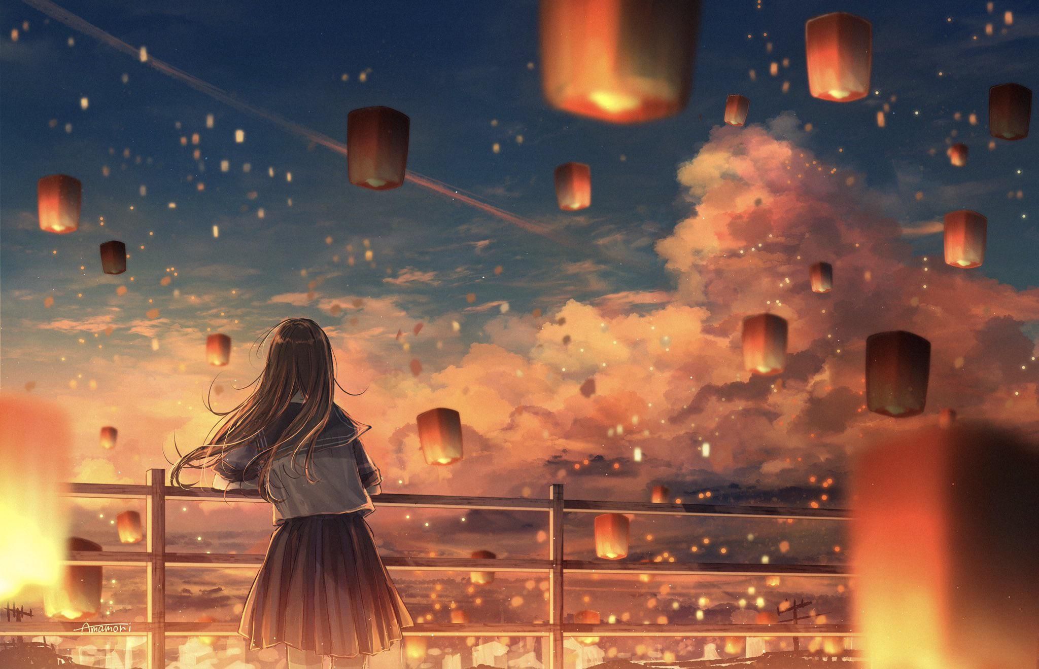 Lantern City Lights - A Dreamy Anime Artwork