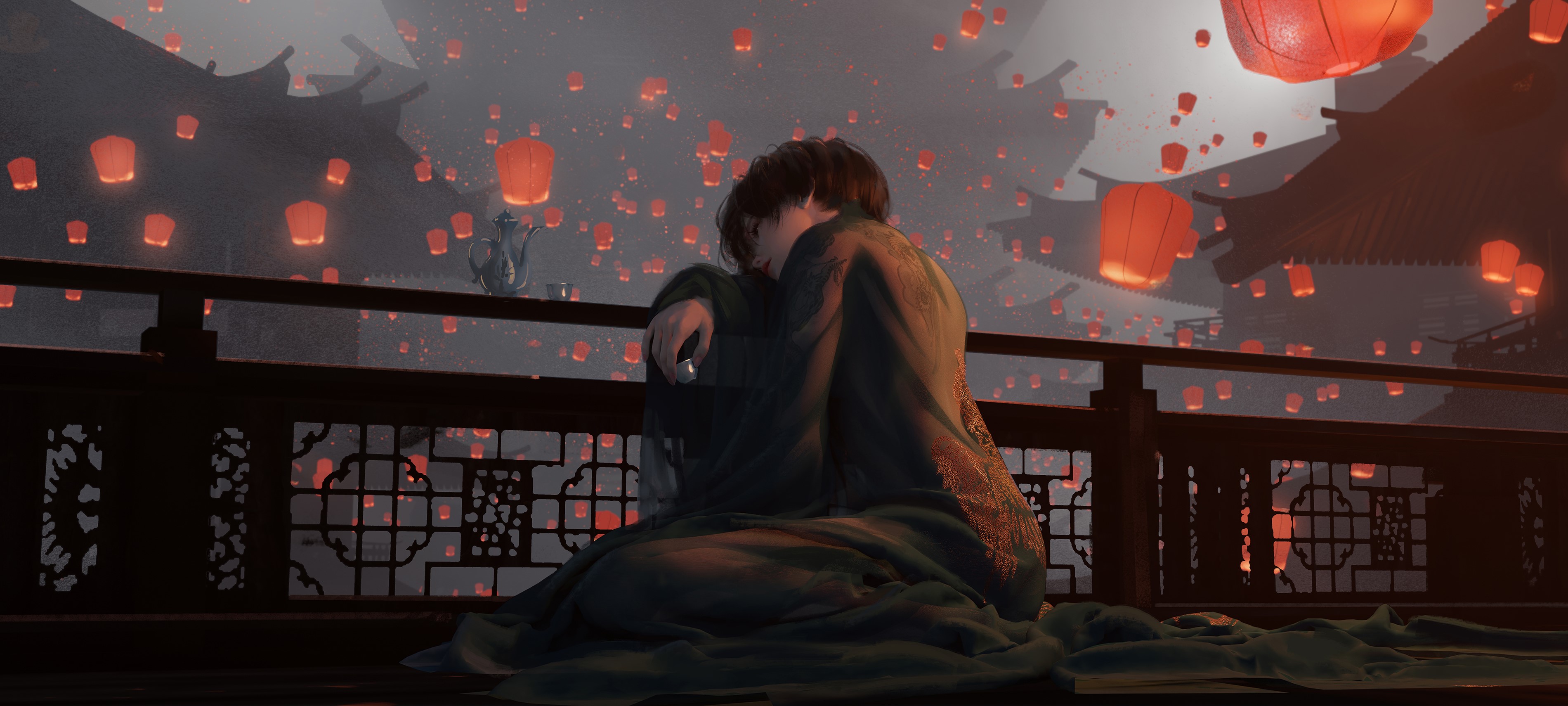 Wallpaper / anime girls, short hair, Lantern Festival, black hair, dark hair, digital art, drinking, overdrunk, drunk, WLOP free download