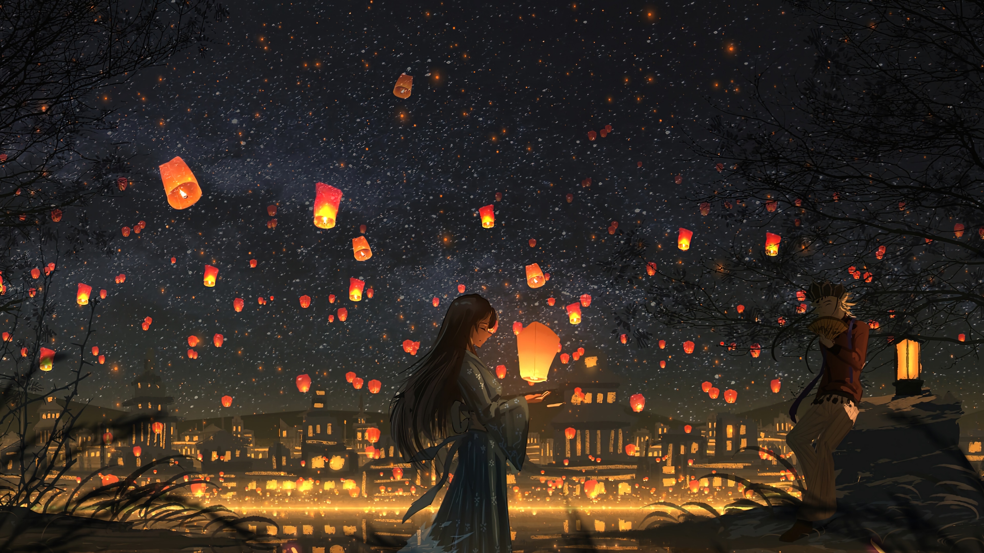 sky lantern, anime, girl, 4k Gallery HD Wallpaper