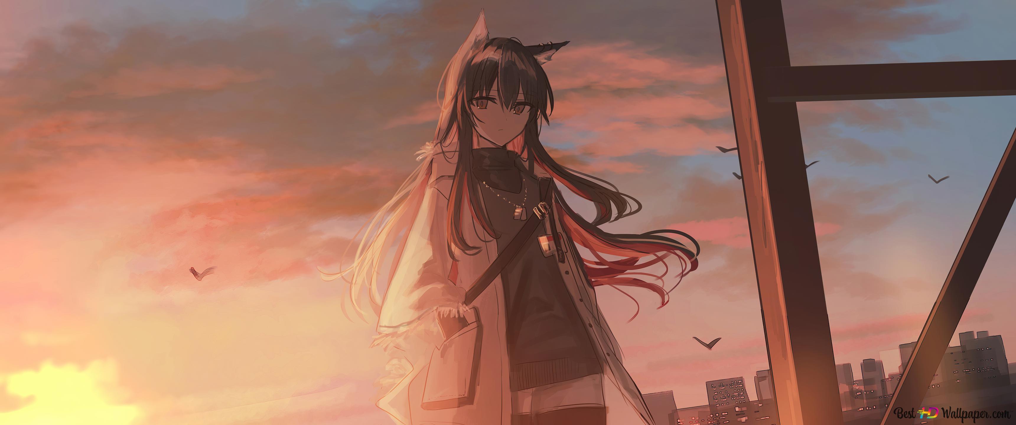 Cute anime girl alone in frount of sunset 4K wallpaper download